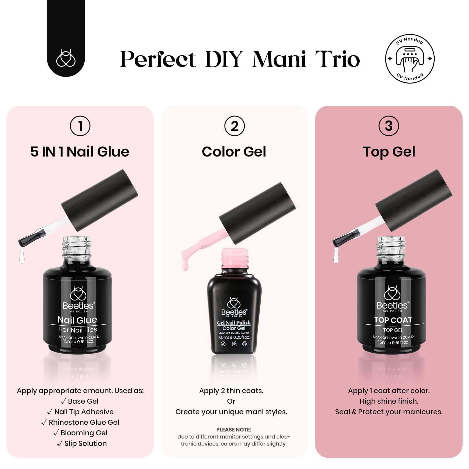 Beetles Gel Nail Kit Clear & Almond Medium – 600 Tips, Pink Top Coat, 9-in-1 Glue, Mini Lamp
