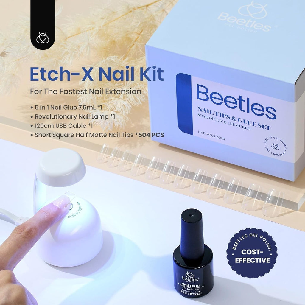 Beetles Gel Nail Kit – 504Pcs Half Matte Tips, 5‑in‑1 Glue Gel, UV/LED Lamp