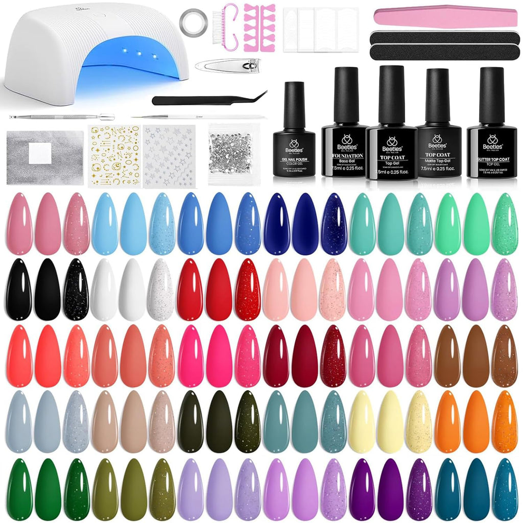 Beetles Gel Nail Polish Kit with UV Light – 32 Colors, 54-Pcs, Base & Top Coats