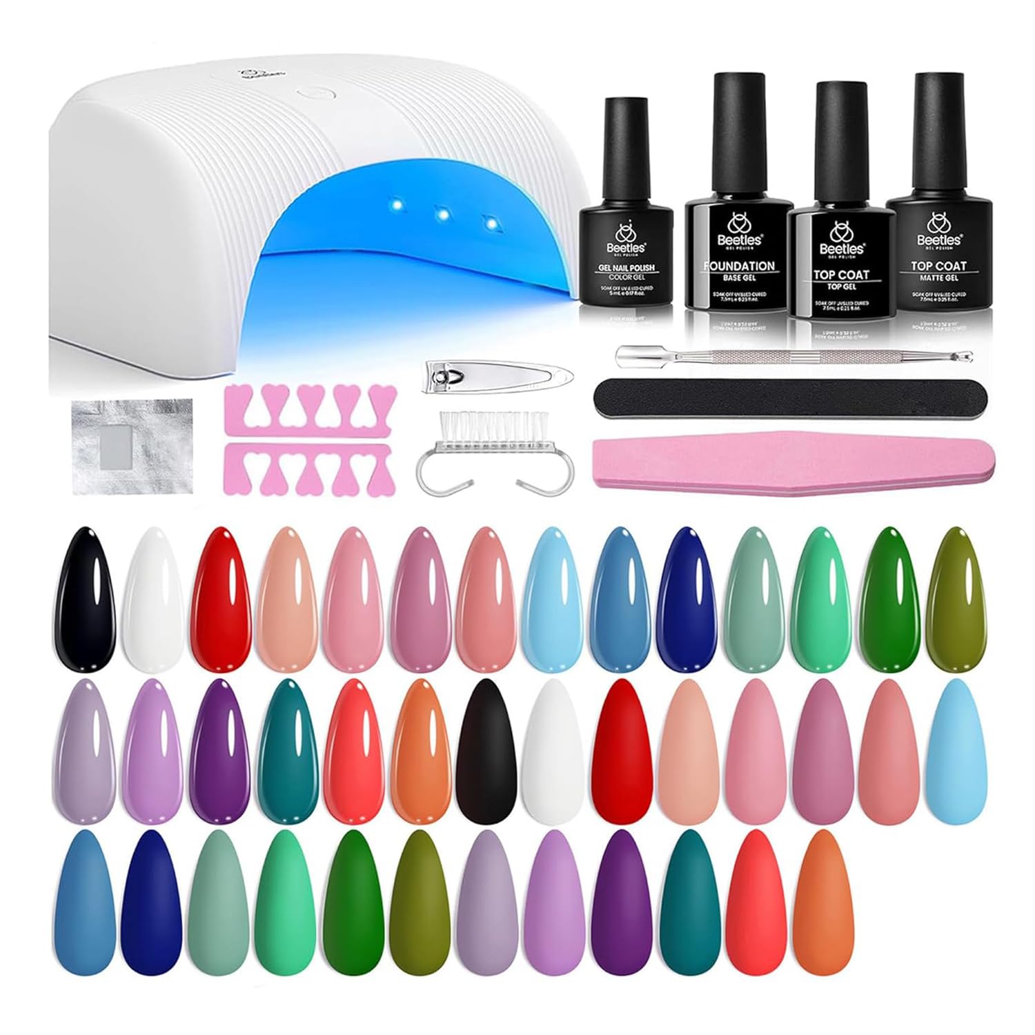 Beetles Gel Nail Polish Kit with UV/LED Lamp — 31-Piece DIY Mani Set (20 Colors + Base & Top Coats)
