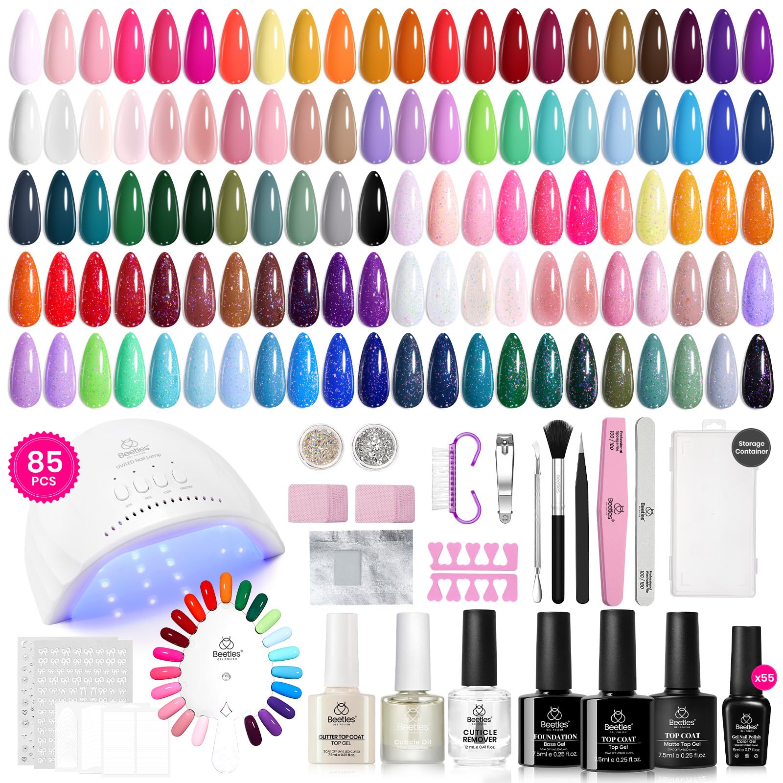 Beetles Gel Polish Kit 85 Pcs with UV LED Lamp 55 Colors for At-Home Manicures
