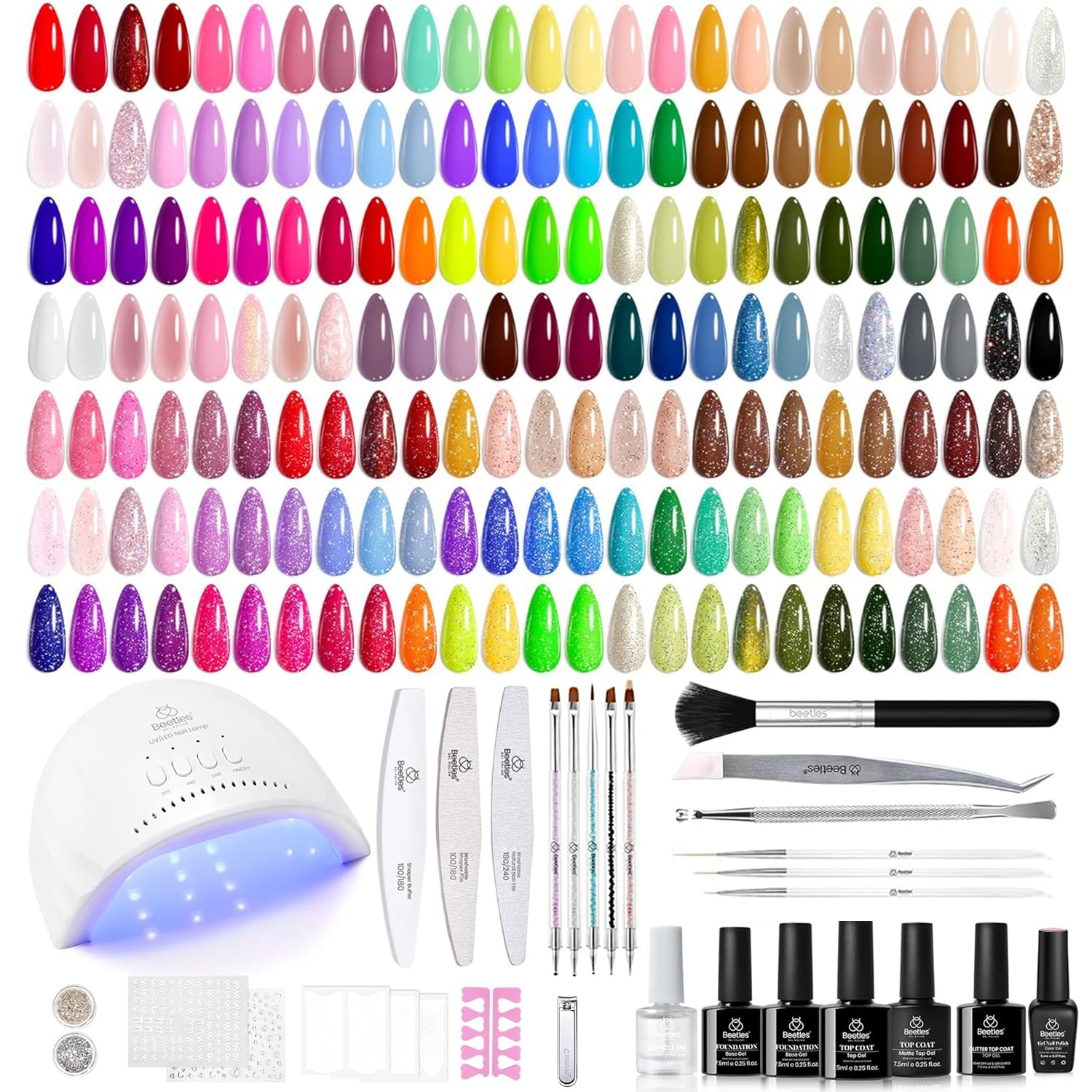 Beetles Gel Nail Polish Kit with UV/LED Lamp – 100 Colors, 133-Piece Set