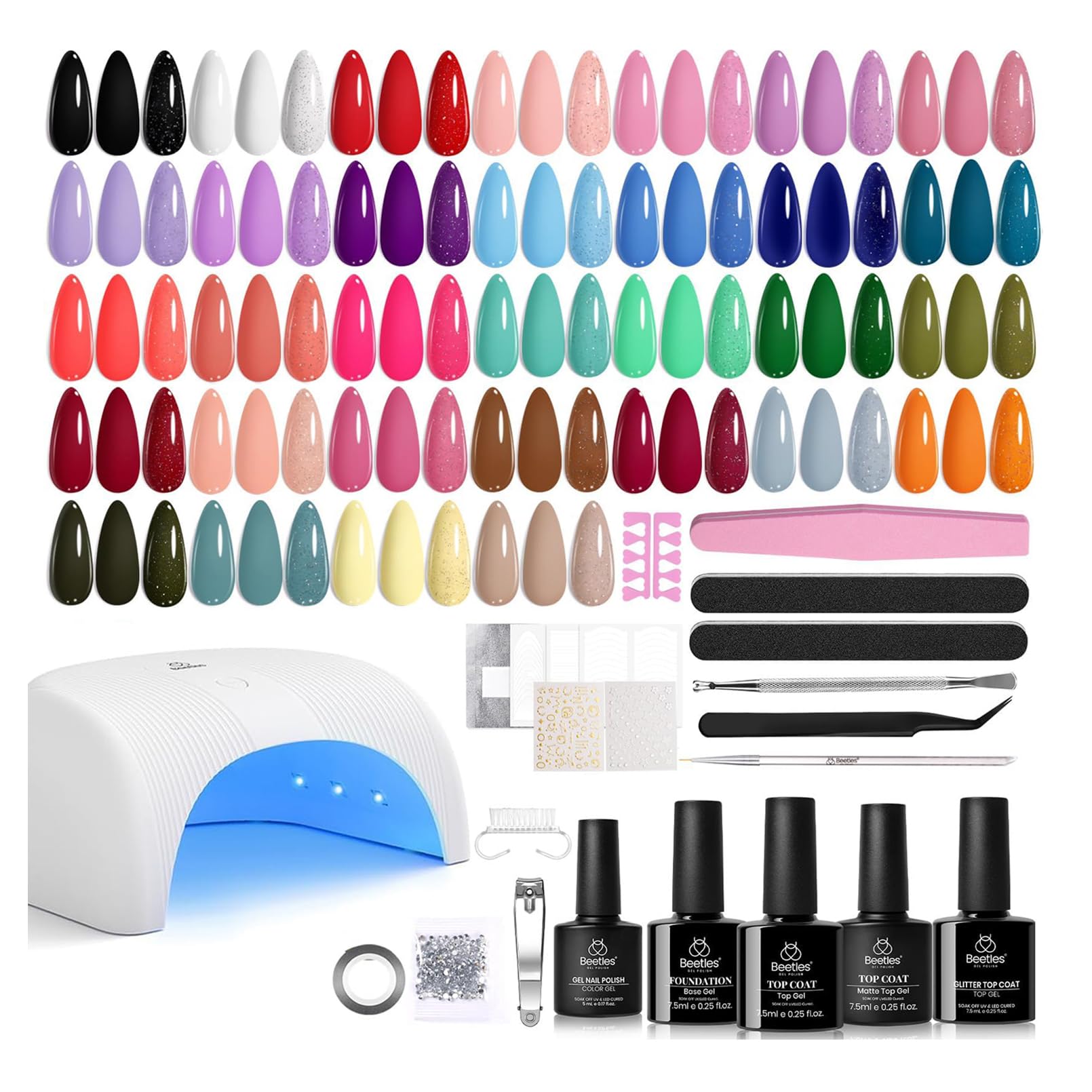 Beetles Gel Nail Polish Kit with UV Light – 32 Colors, 55 Pcs Set, Pro Lamp & Coats