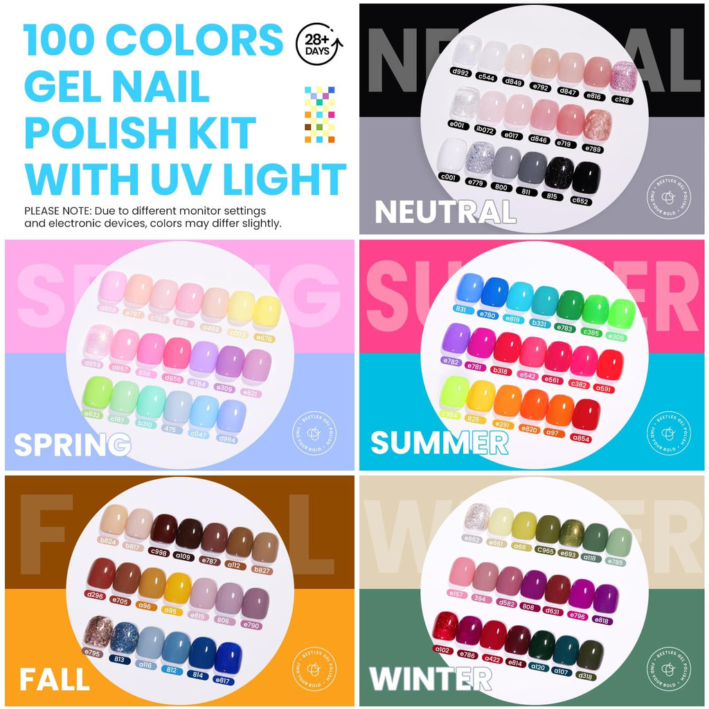 Beetles Gel Nail Polish Kit with UV/LED Lamp – 100 Colors, 133-Piece Set