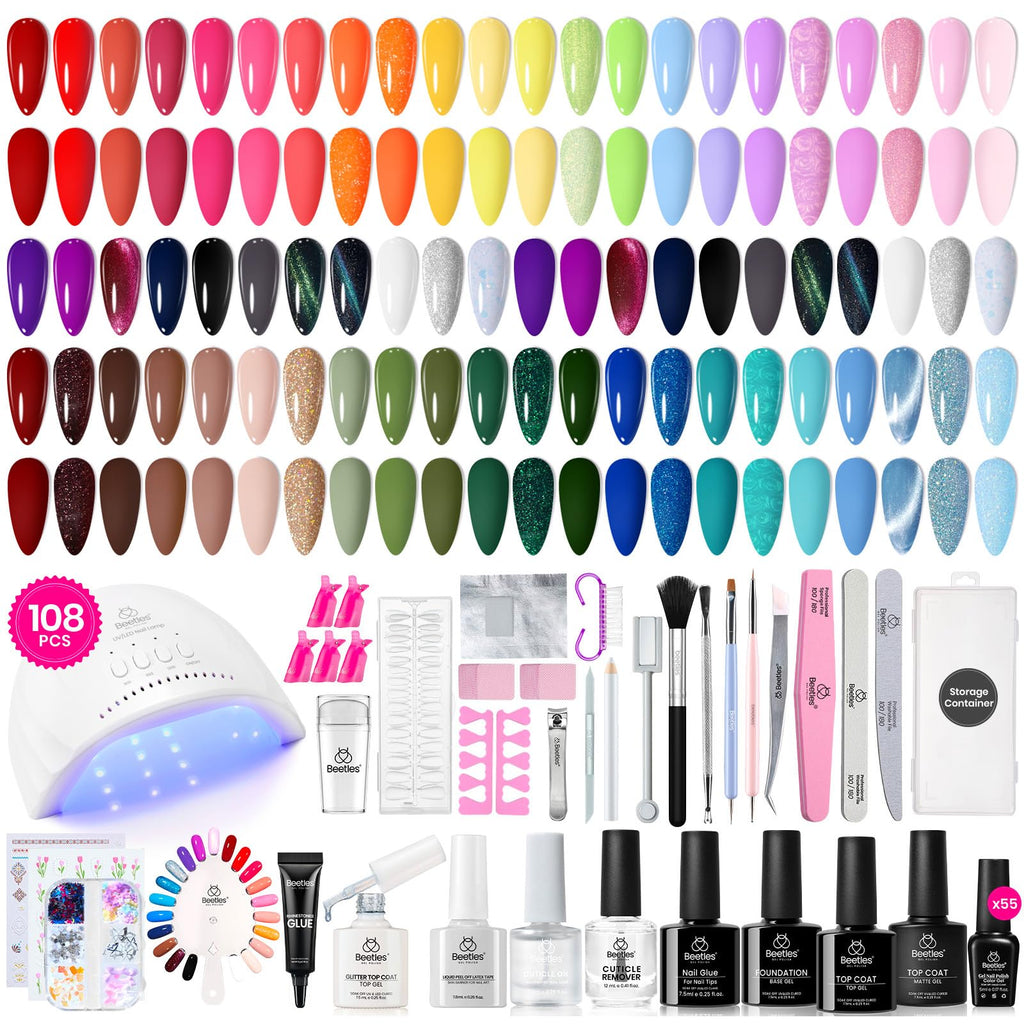 Beetles Gel Nail Polish Kit with UV Light — 108 PCS, 55 Colors, Base & Top Coats, Glitter & Cat Eye Set
