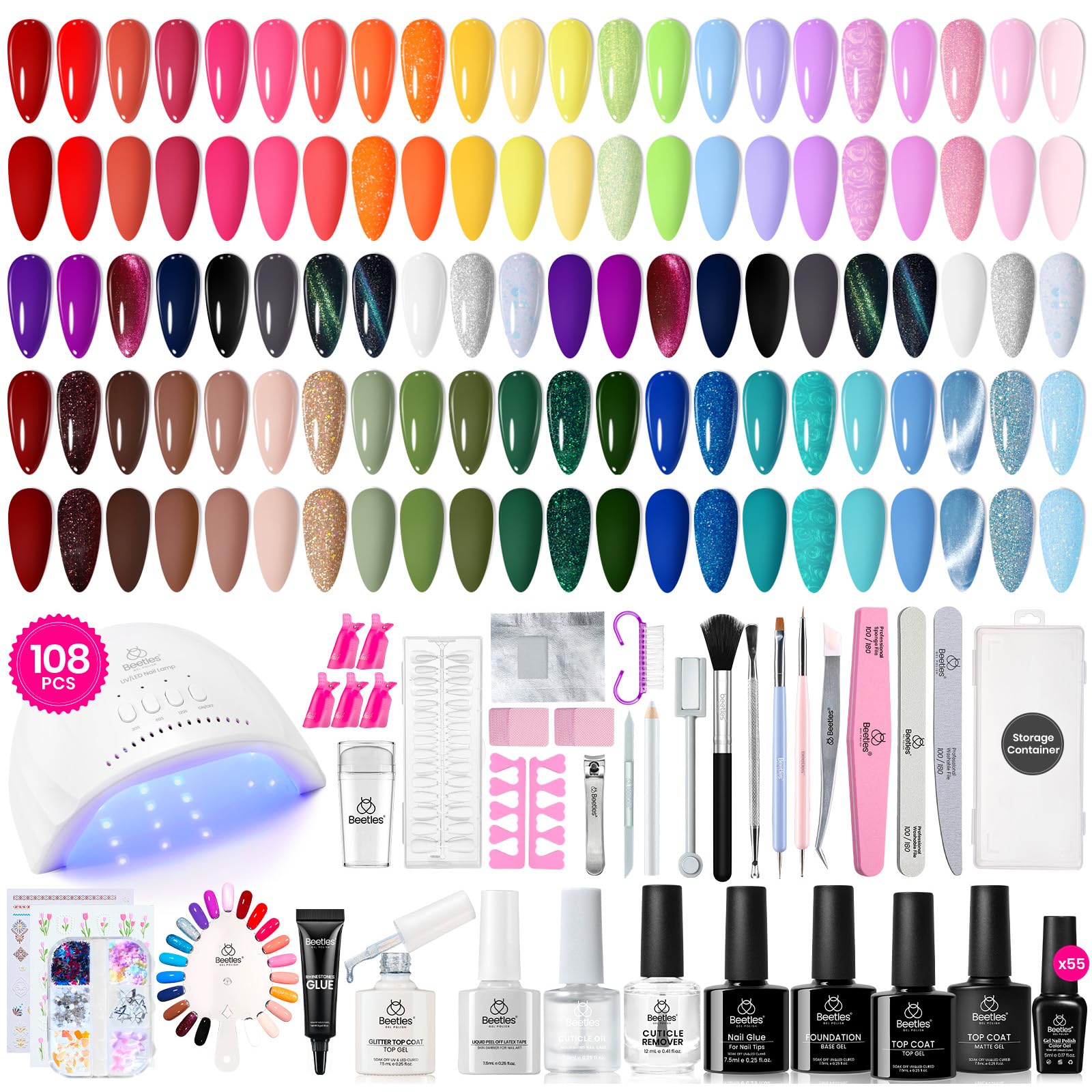 Beetles Gel Nail Polish Kit with UV Light — 108 PCS, 55 Colors, Base & Top Coats, Glitter & Cat Eye Set