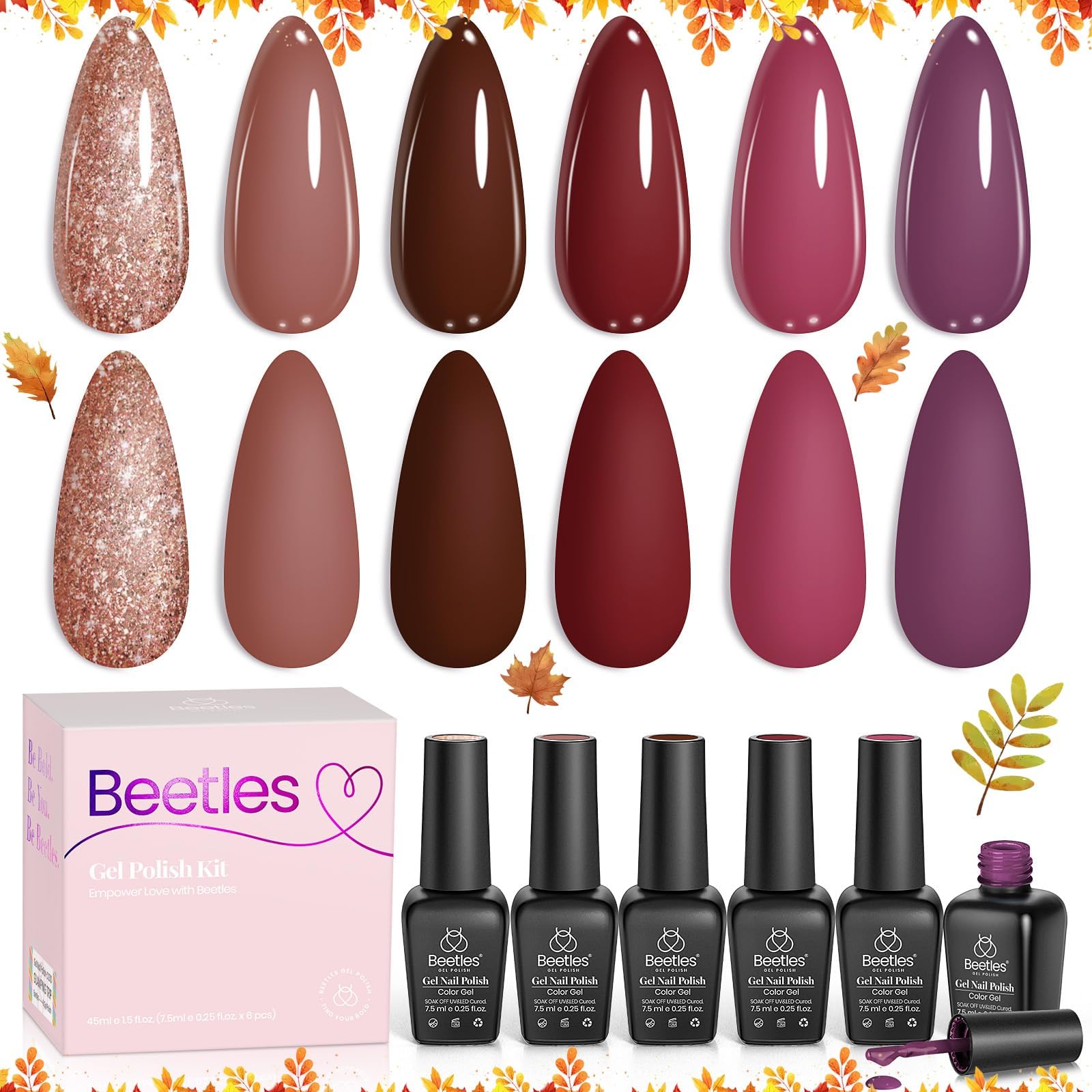 Beetles Gel Nail Polish Set Plum Burgundy & Glitter – 6-Piece Kit (Soak Off, UV/LED)