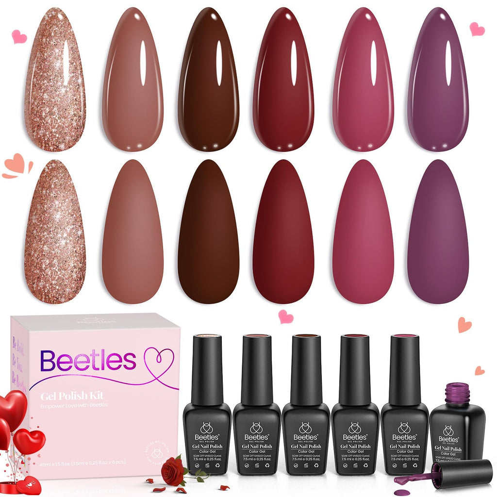 Beetles Gel Nail Polish Set Plum Burgundy & Glitter – 6-Piece Kit (Soak Off, UV/LED)