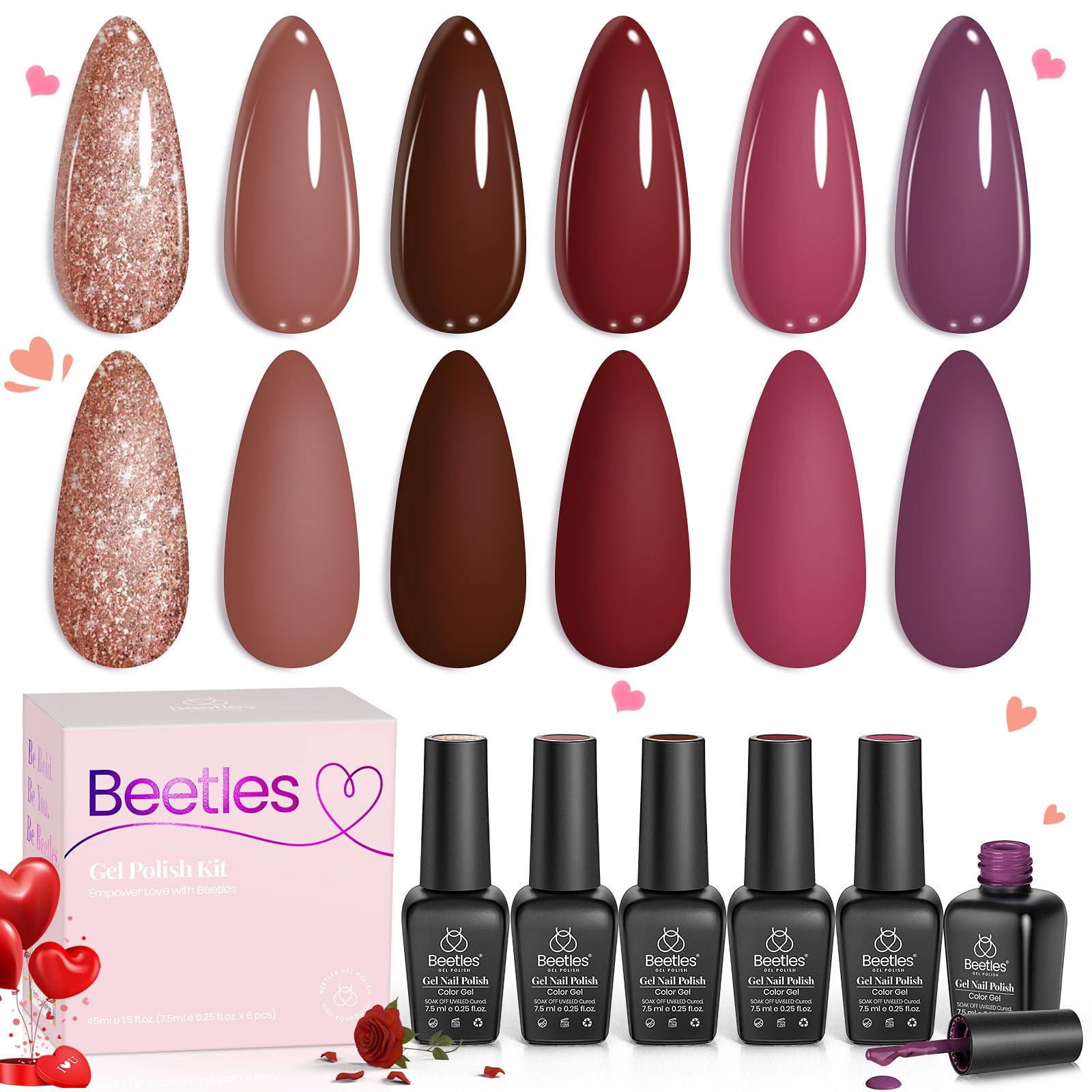 Beetles Gel Nail Polish Set Plum Burgundy & Glitter – 6-Piece Kit (Soak Off, UV/LED)
