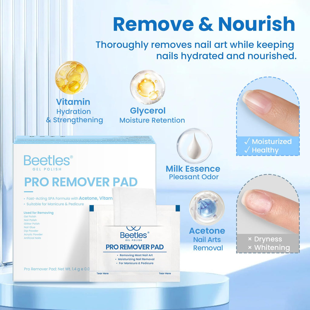 Beetles Gel Nail Polish Remover Kit – 150 Pro Pads, Acetone & Vitamin Formula, Cuticle Oil & Tools