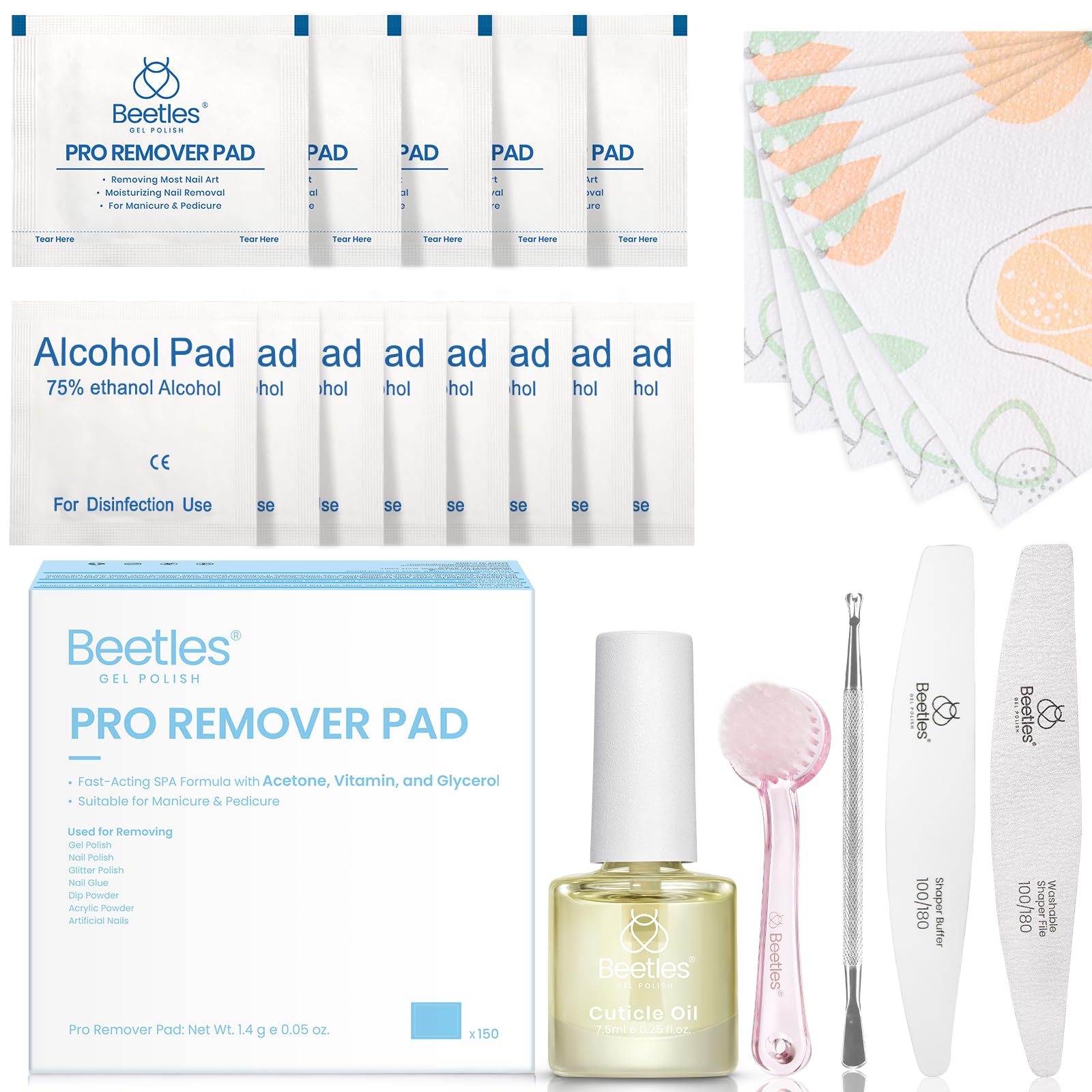 Beetles Gel Nail Polish Remover Kit – 150 Pro Pads, Acetone & Vitamin Formula, Cuticle Oil & Tools