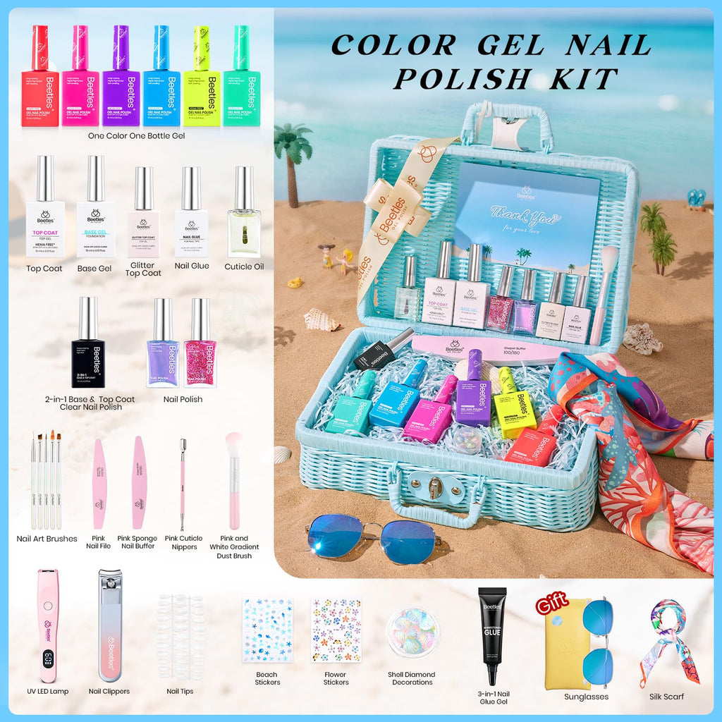 Beetles Gel Nail Polish Set with Mini LED Lamp – Purple Red Green Yellow Colors & Nail Art Kit