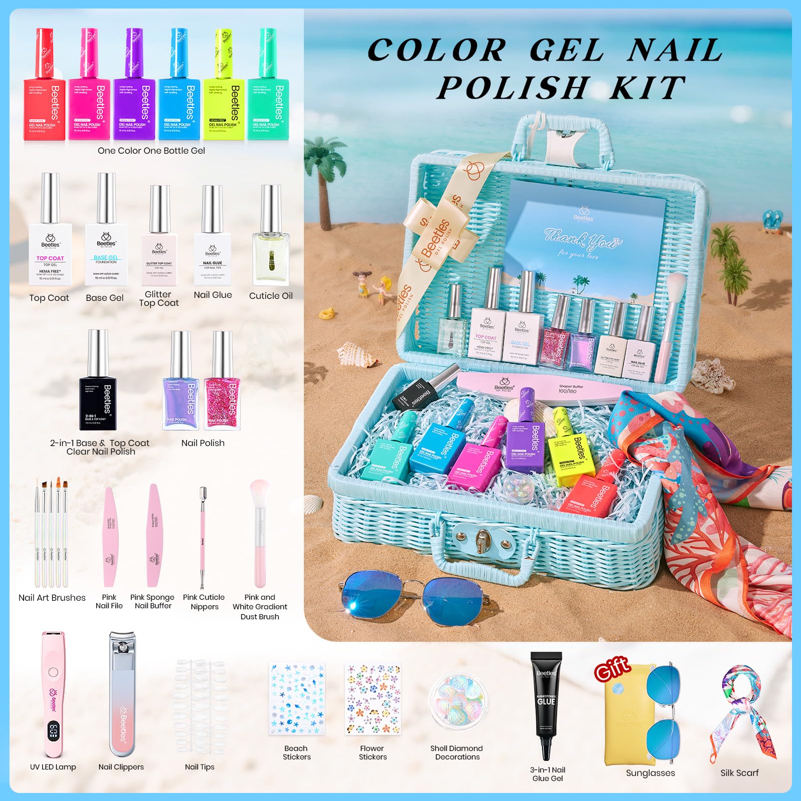 Beetles Gel Nail Polish Set with Mini LED Lamp – Purple Red Green Yellow Colors & Nail Art Kit