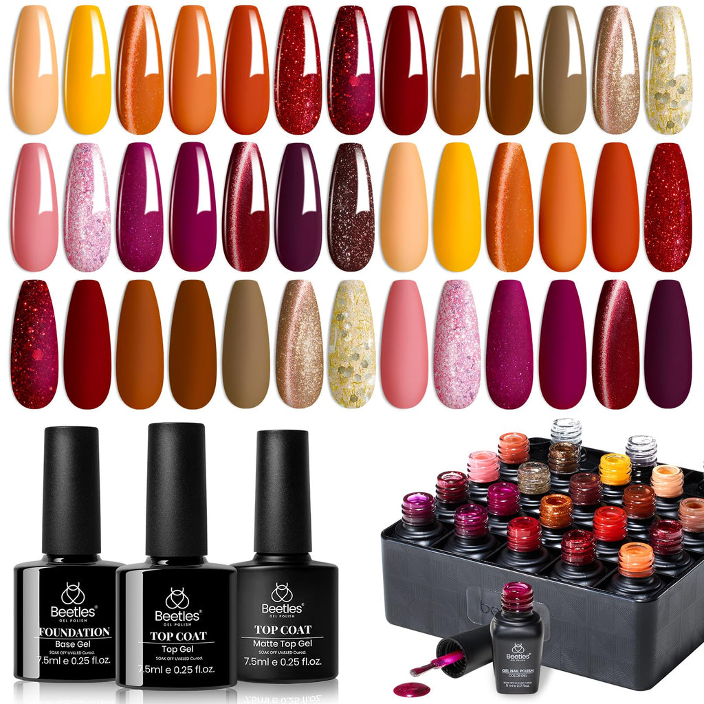 Beetles Gel Nail Polish Set – Autumn Aura, 20 Colors with Cat Eye & Glitter