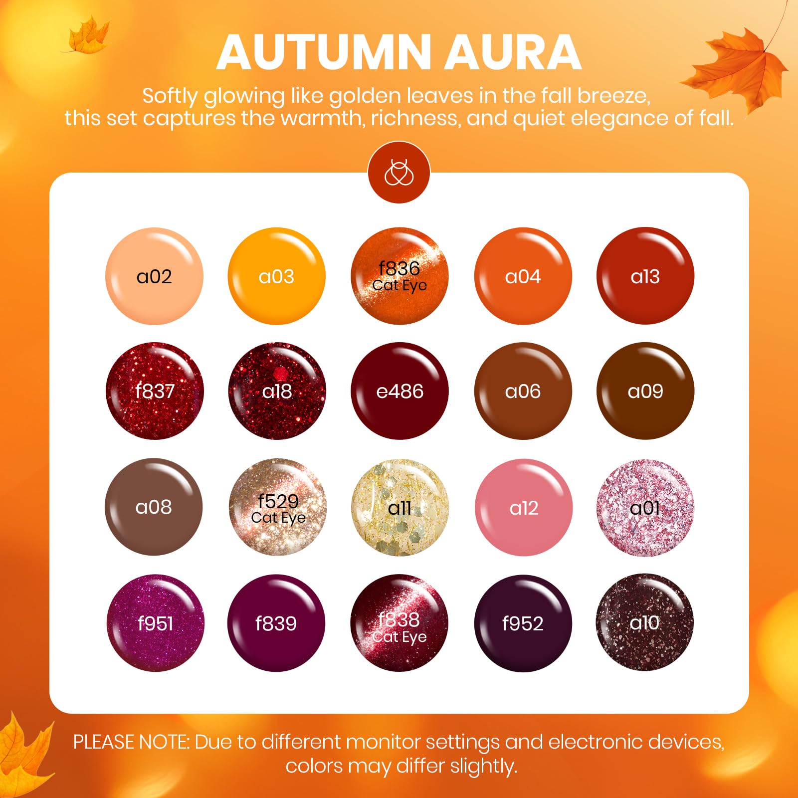 Beetles Gel Nail Polish Set – Autumn Aura, 20 Colors with Cat Eye & Glitter