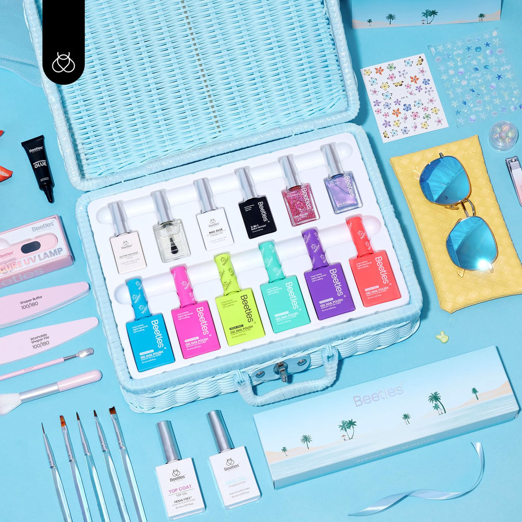 Beetles Gel Nail Polish Set with Mini LED Lamp – Purple Red Green Yellow Colors & Nail Art Kit