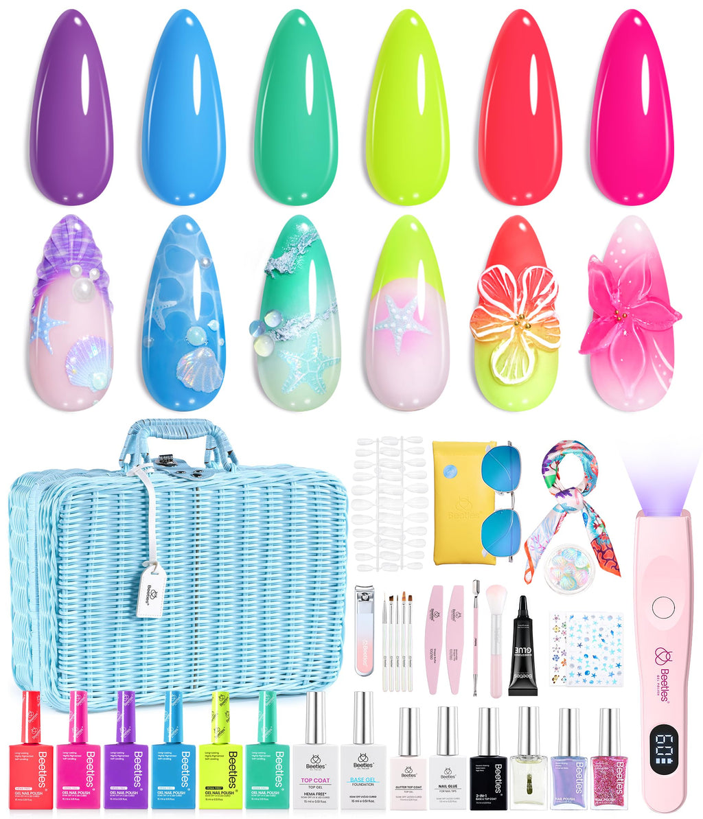 Beetles Gel Nail Polish Set with Mini LED Lamp – Purple Red Green Yellow Colors & Nail Art Kit