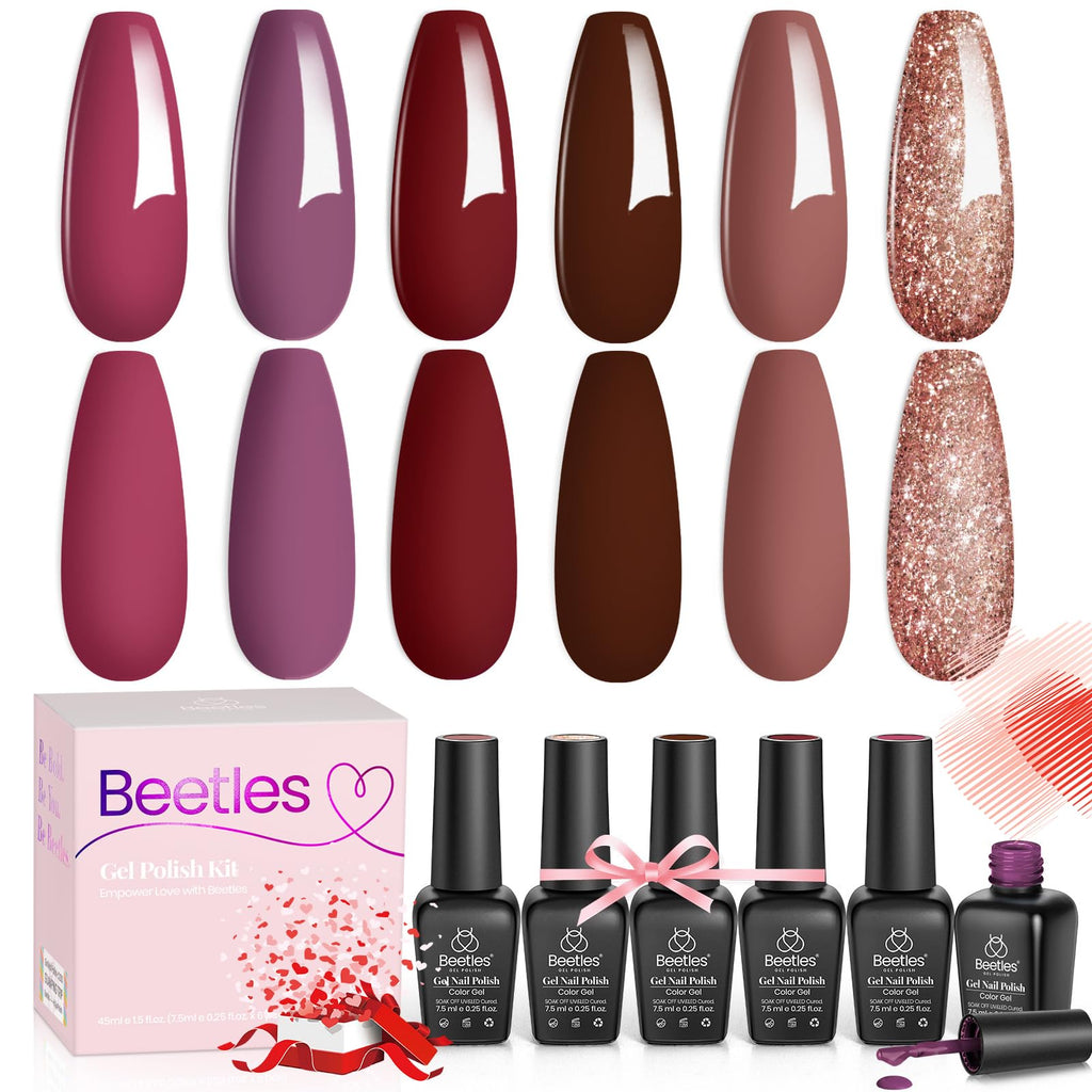 Beetles Gel Nail Polish Set Plum Burgundy & Glitter – 6-Piece Kit (Soak Off, UV/LED)