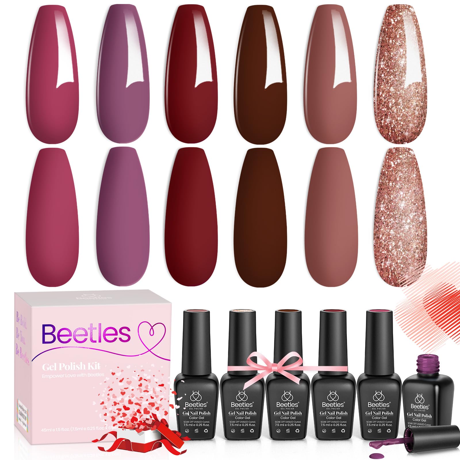 Beetles Gel Nail Polish Set Plum Burgundy & Glitter – 6-Piece Kit (Soak Off, UV/LED)