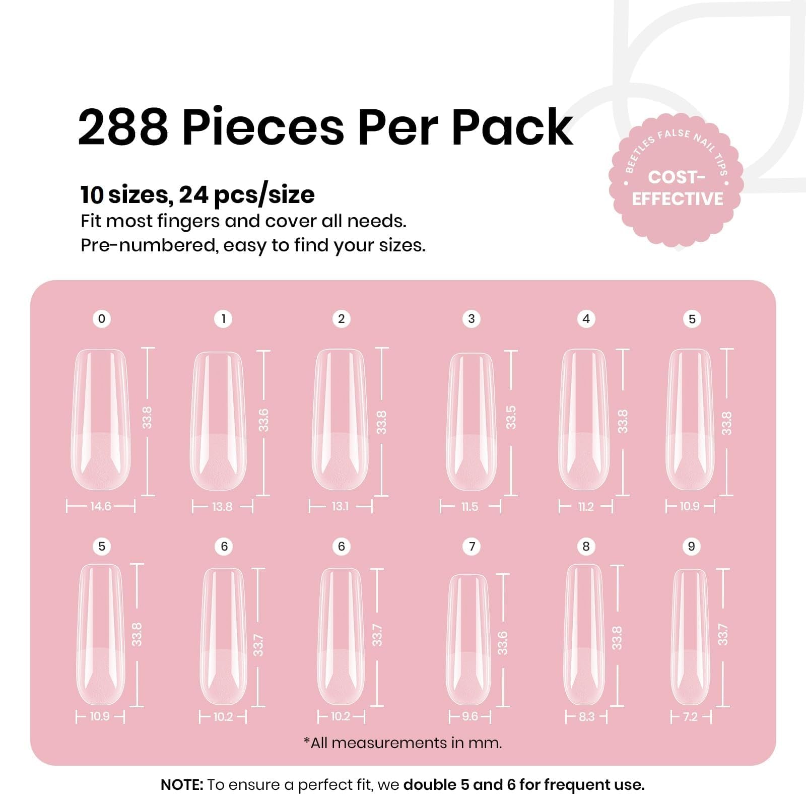 Beetles Gel Nail Tips Long Square – 288 Pcs Half Matte Pre-Shaped Press-On Nails for DIY Extensions