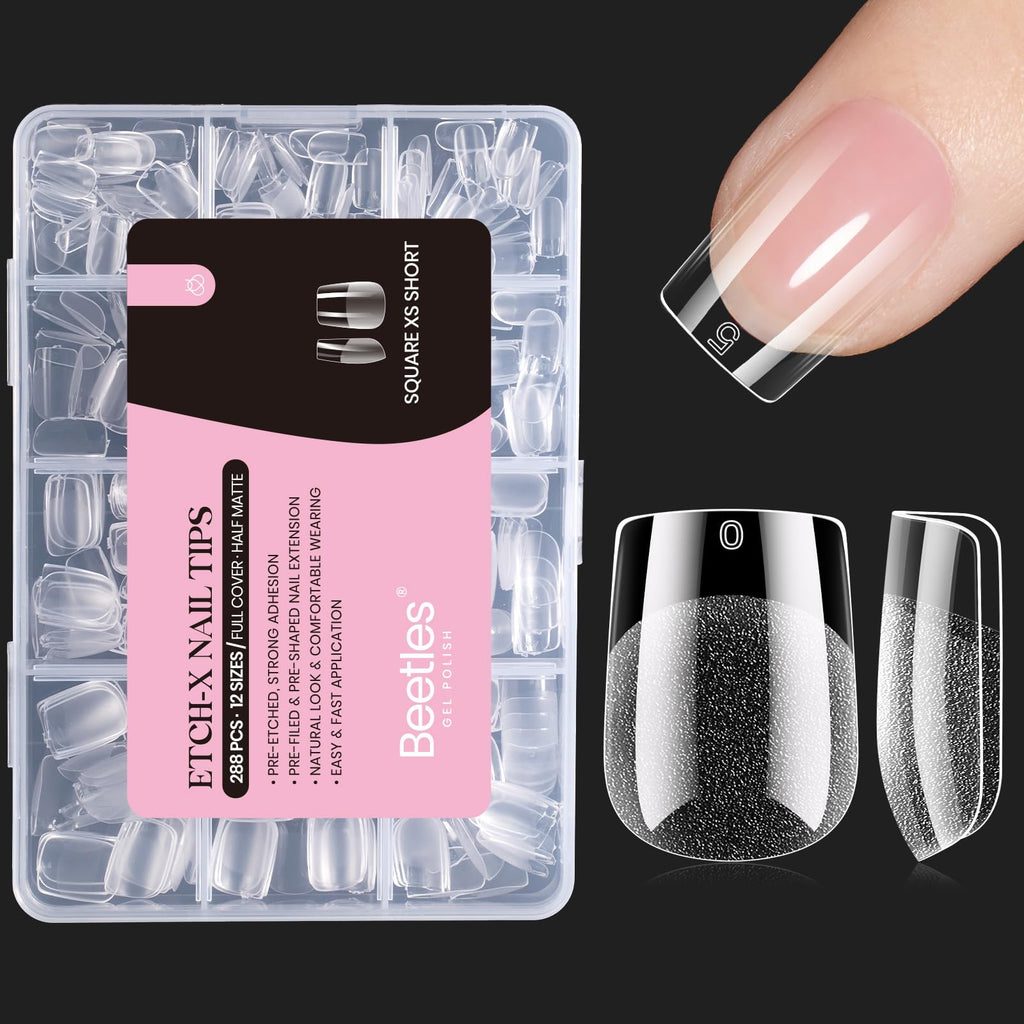 Beetles Gel Nail Tips 288Pcs – Extra Short Square Half Matte Etch-X for Fast DIY Extensions