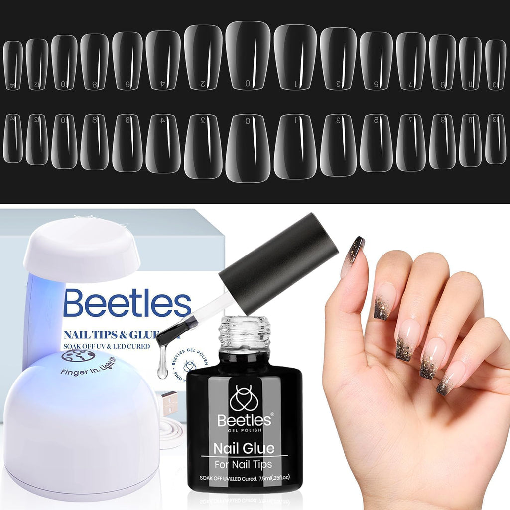 Beetles Gel Nail Tips 510Pcs – 15 Sizes Short Coffin Nail Kit with 5-in-1 Nail Glue Gel & UV LED Lamp