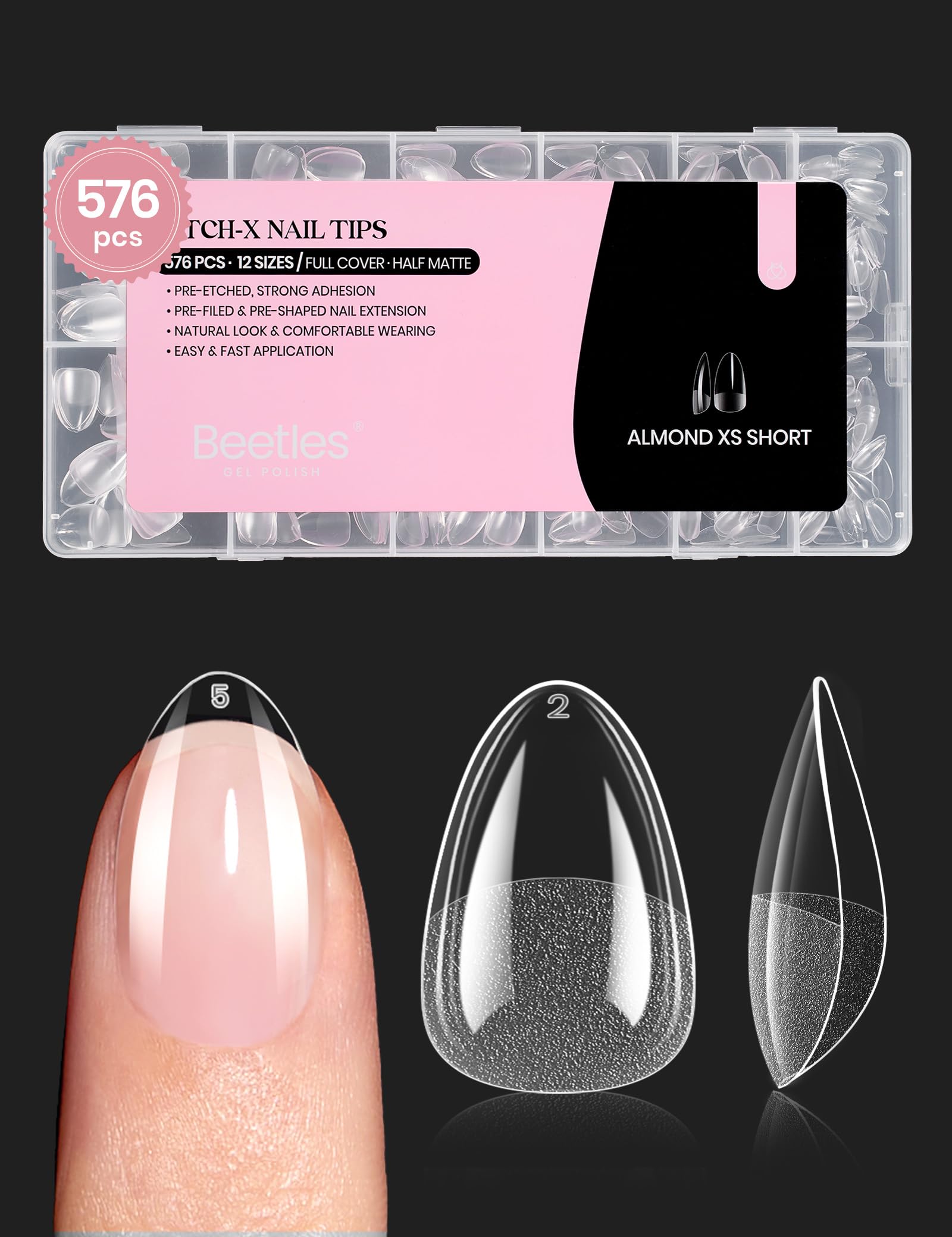 Beetles Gel Nail Tips 576Pcs – Extra Short Almond Half Matte Press-On Nail Tips for Easy DIY Extensions