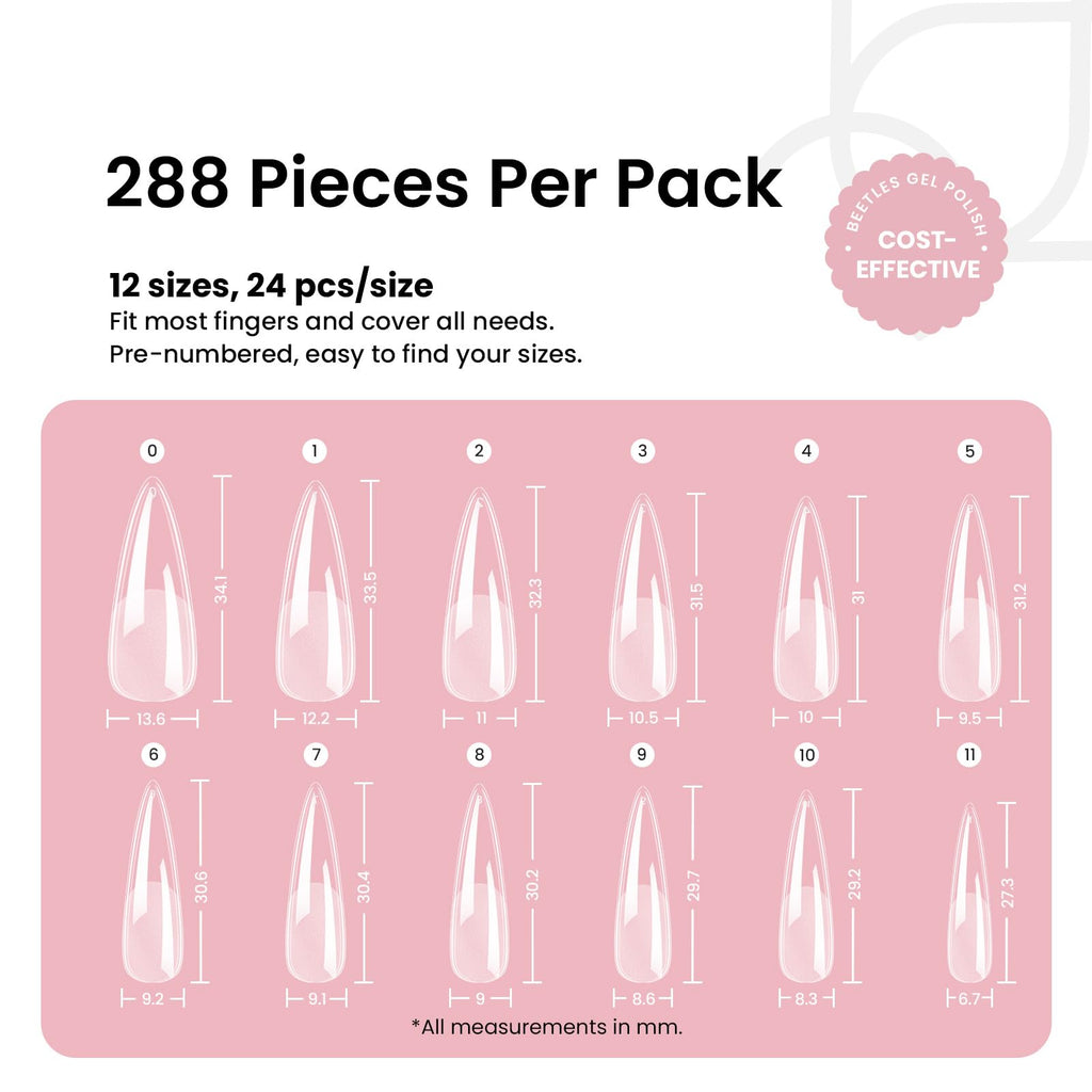Beetles Gel Nail Tips Etch-X Stiletto Medium, 288Pcs, 12 Sizes – Pre-Etched Full Cover Tips for Easy DIY Extensions