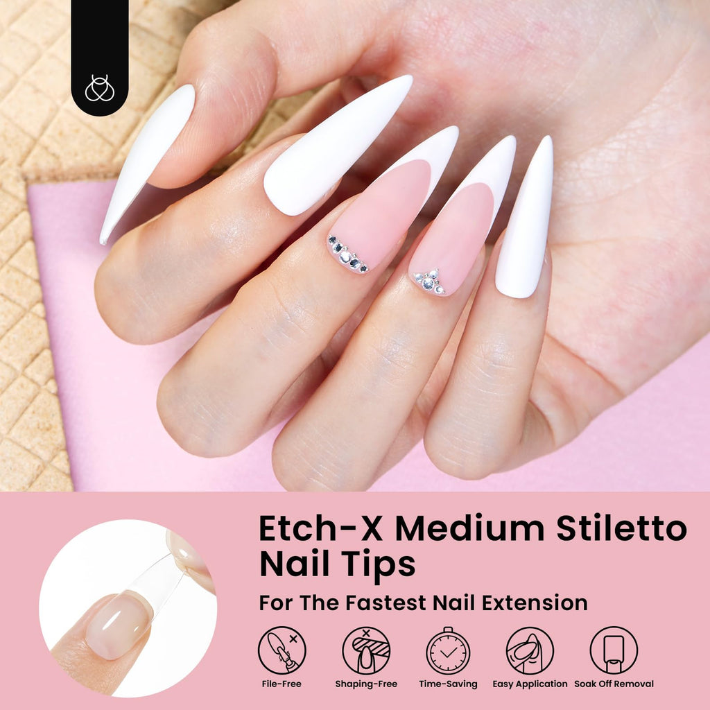 Beetles Gel Nail Tips Etch-X Stiletto Medium, 288Pcs, 12 Sizes – Pre-Etched Full Cover Tips for Easy DIY Extensions