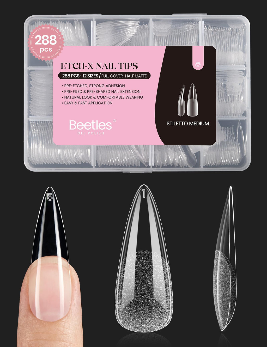 Beetles Gel Nail Tips Etch-X Stiletto Medium, 288Pcs, 12 Sizes – Pre-Etched Full Cover Tips for Easy DIY Extensions