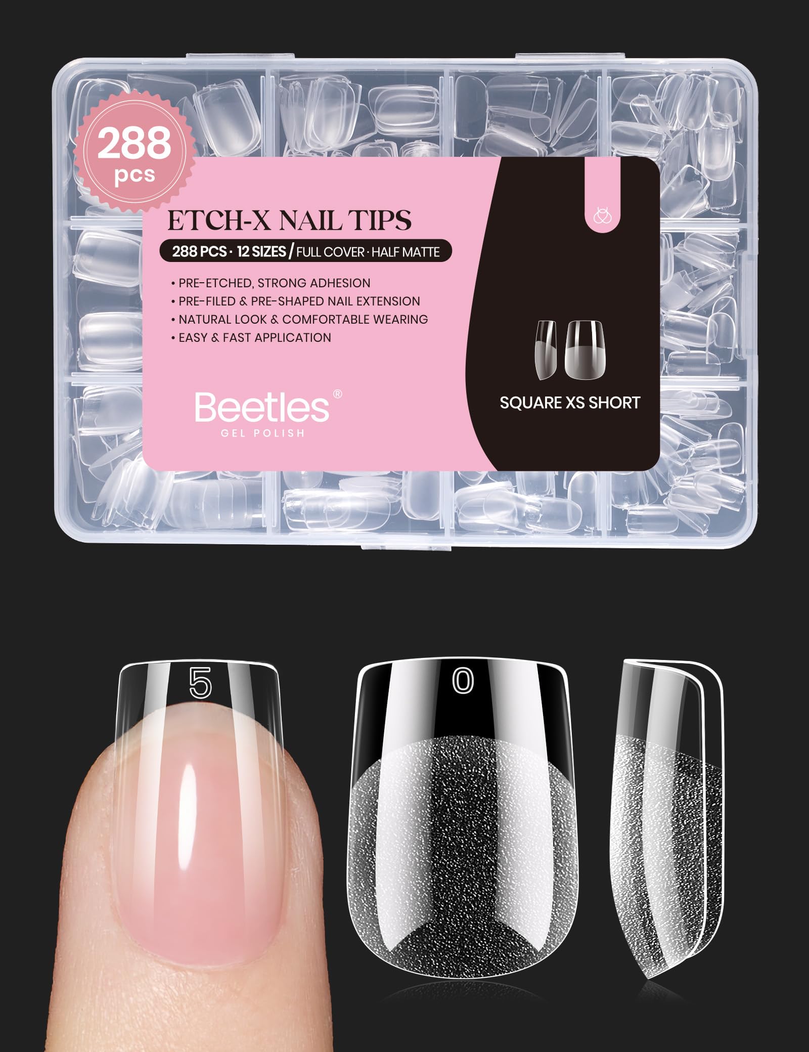Beetles Gel Nail Tips 288 pcs – Extra Short Square Press On Nails (12 Sizes)