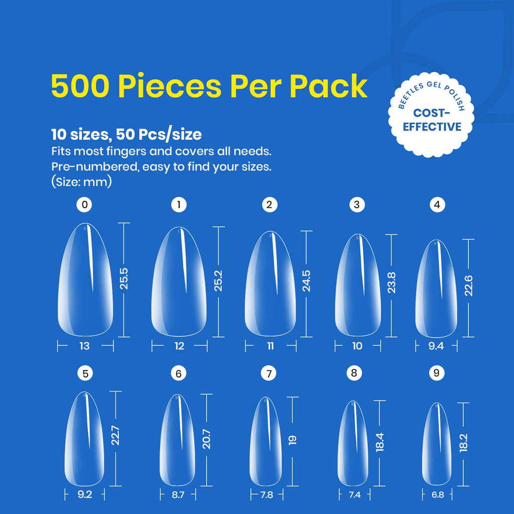 Beetles Gel Nail Tips Almond Medium – 500Pcs Full Cover, Soak-Off Extensions