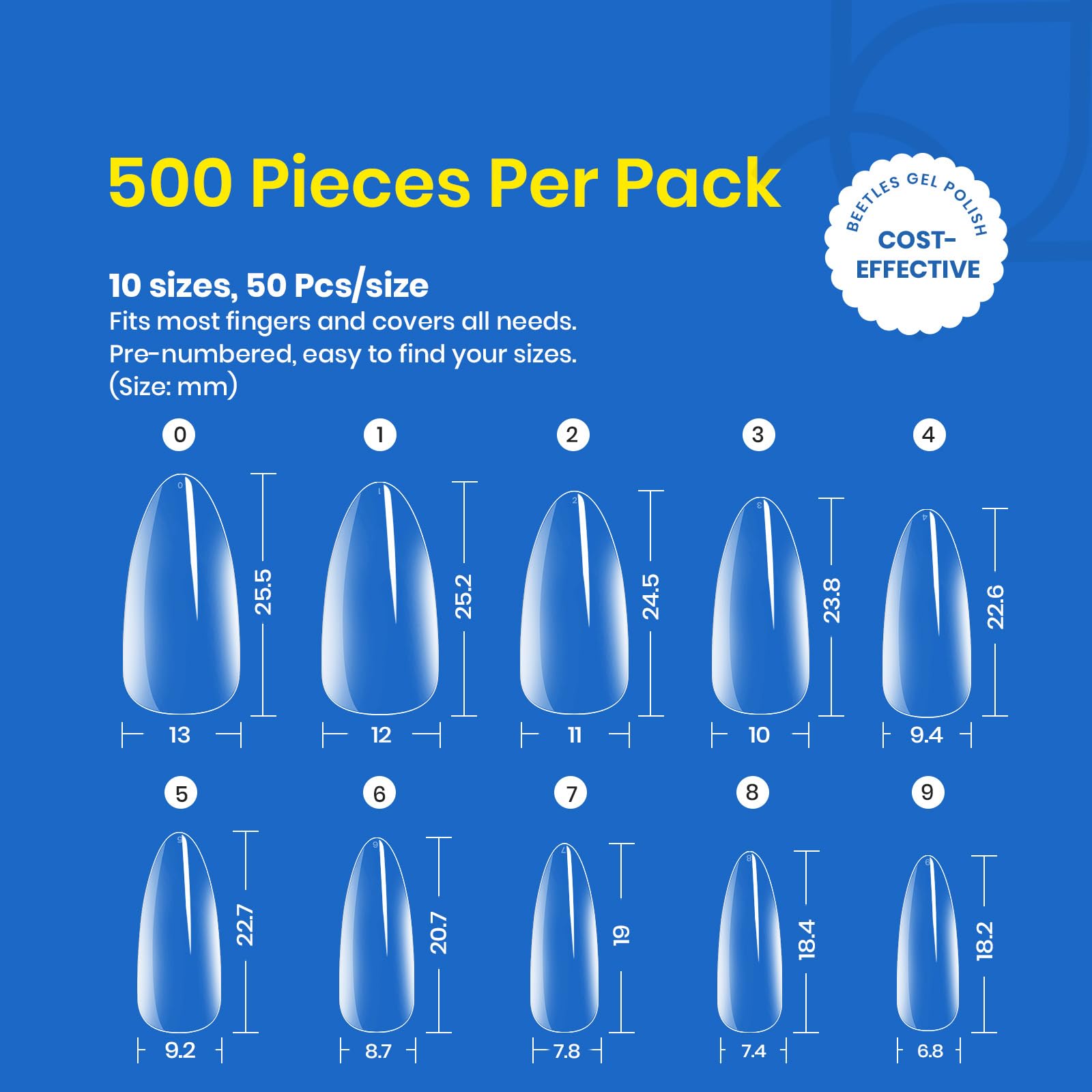 Beetles Gel Nail Tips Almond Medium – 500Pcs Full Cover, Soak-Off Extensions