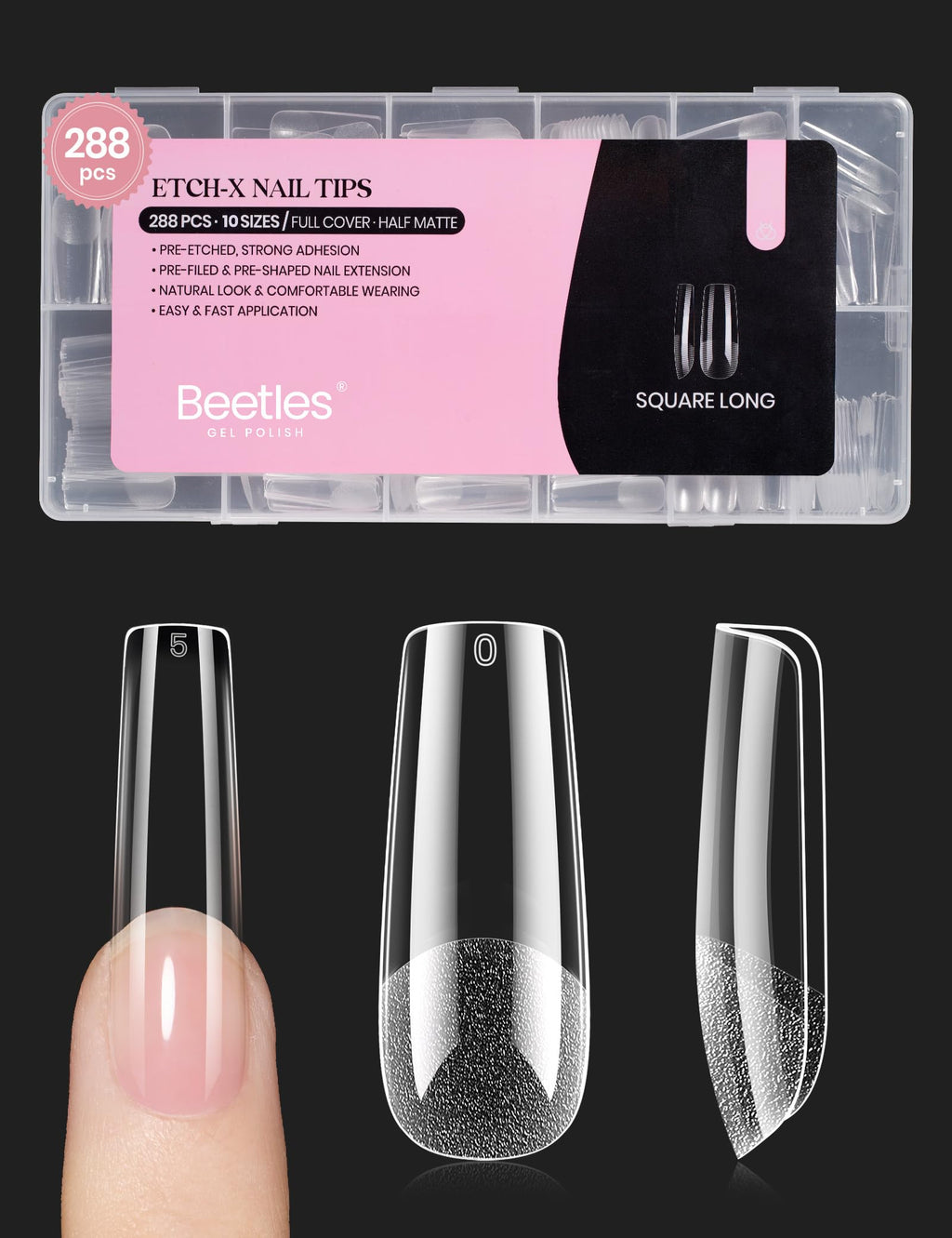 Beetles Gel Nail Tips Long Square – 288 Pcs Half Matte Pre-Shaped Press-On Nails for DIY Extensions