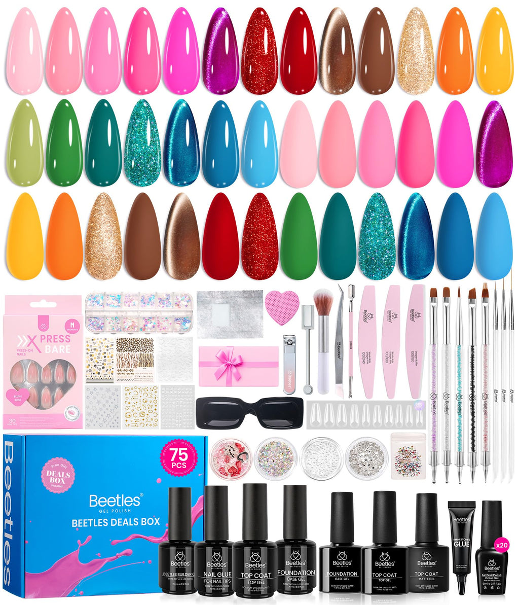 Beetles Gel Polish 75 PCS Deal Box – 20 Colors Nail Kit with Cat Eye & Glitter Gels for UV/LED Home Manicures