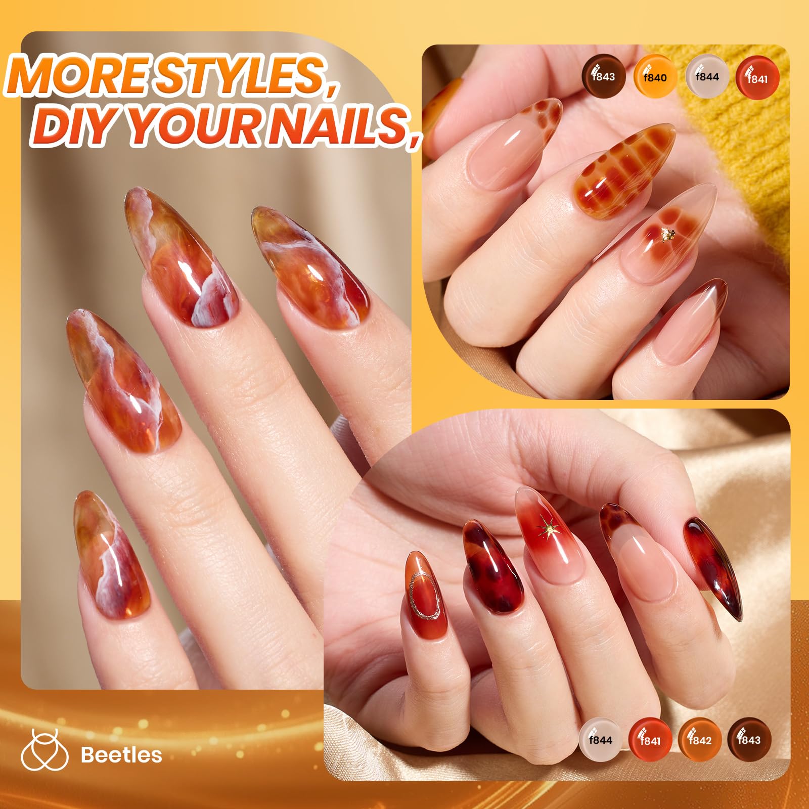 Beetles Gel Nail Polish Set – Amber Chic Jelly & Blooming Gel for Marble Effects, 6-Piece Autumn Collection