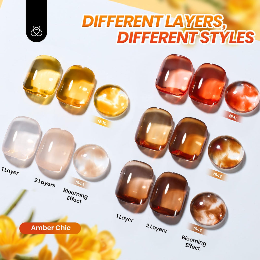 Beetles Gel Nail Polish Set – Amber Chic Jelly & Blooming Gel for Marble Effects, 6-Piece Autumn Collection