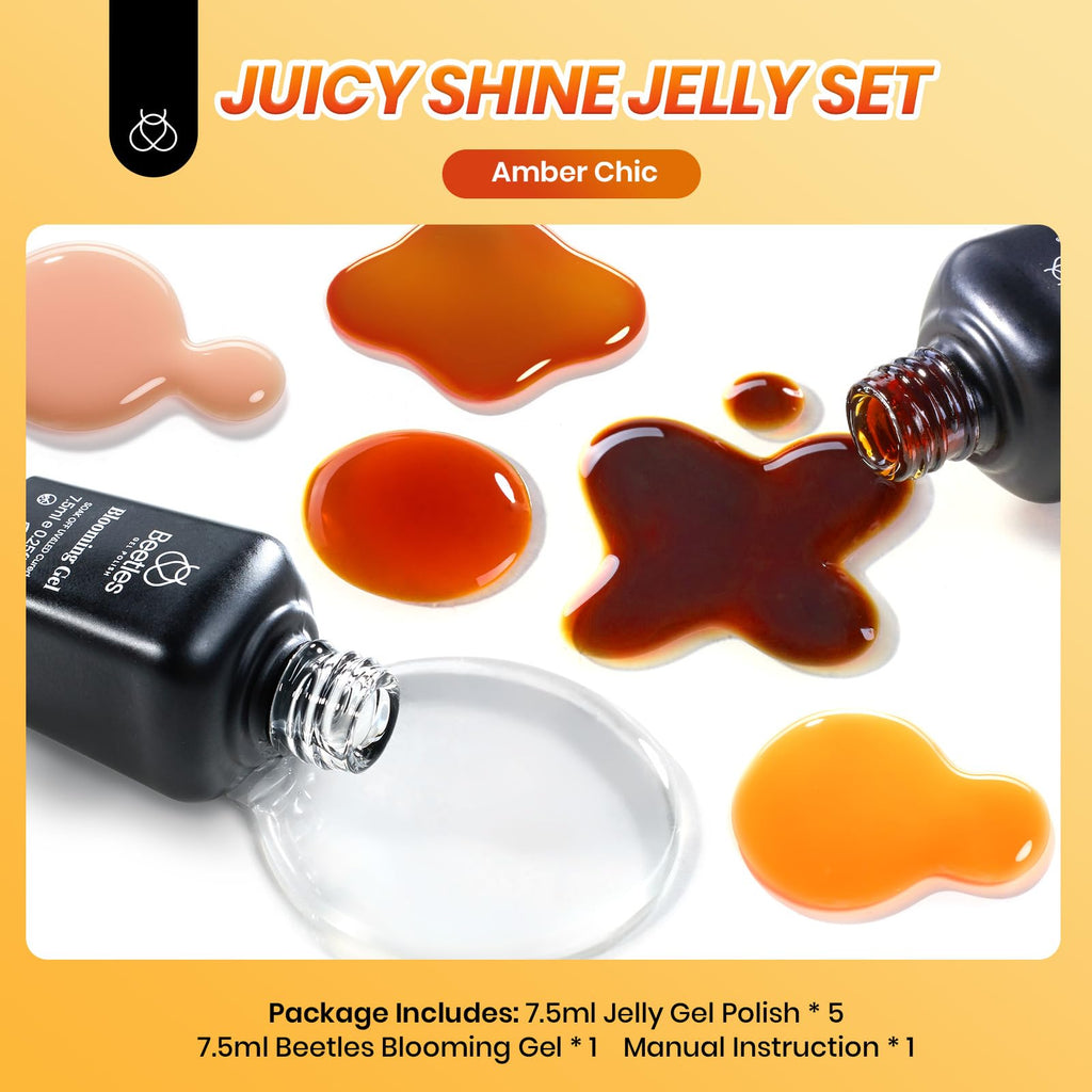 Beetles Gel Nail Polish Set – Amber Chic Jelly & Blooming Gel for Marble Effects, 6-Piece Autumn Collection