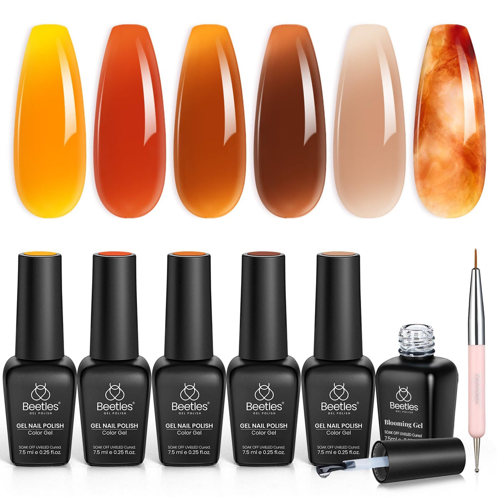 Beetles Gel Nail Polish Set – Amber Chic Jelly & Blooming Gel for Marble Effects, 6-Piece Autumn Collection