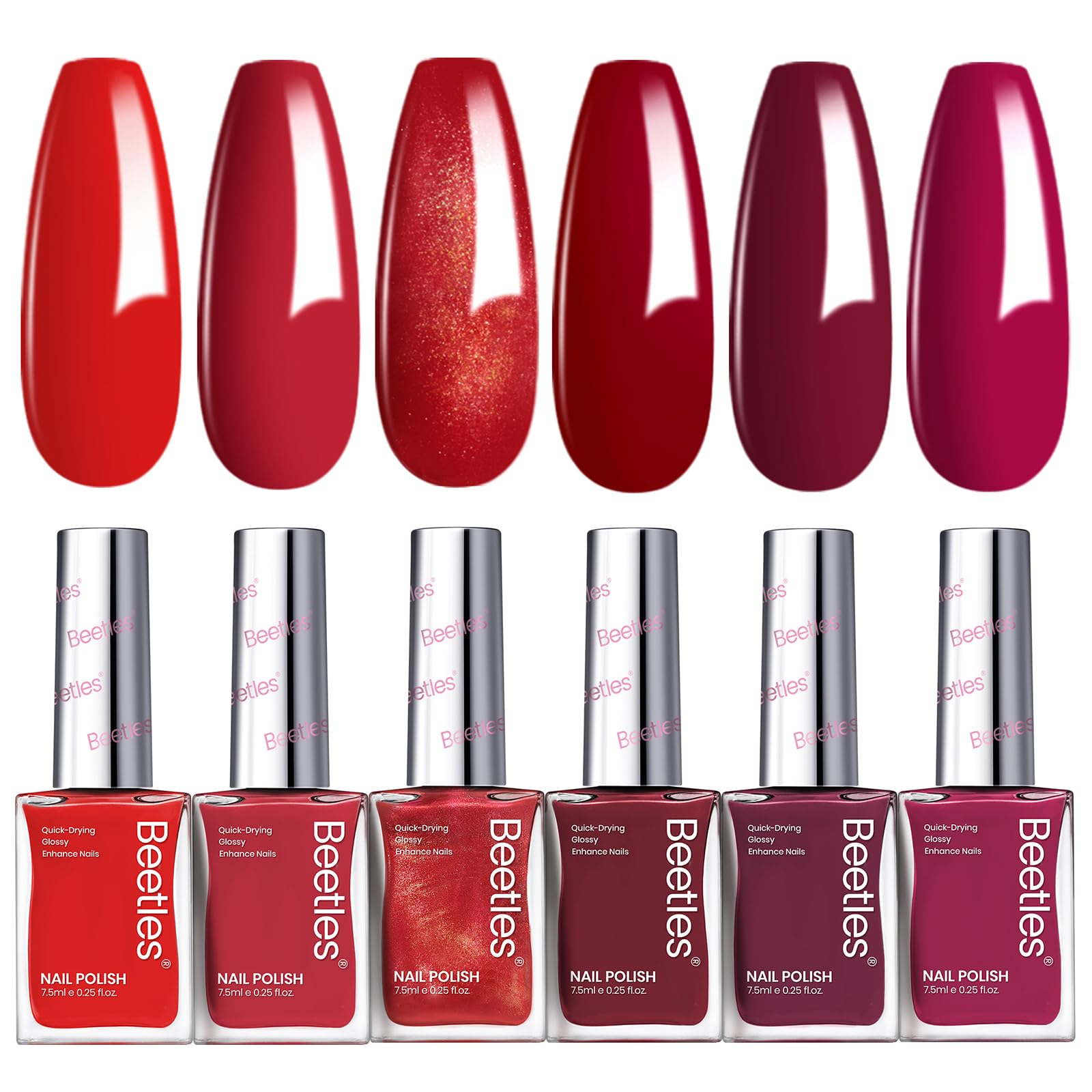 Beetles Red Nail Polish Set Blazing Rose – 6-Color Quick-Dry Glossy Nails