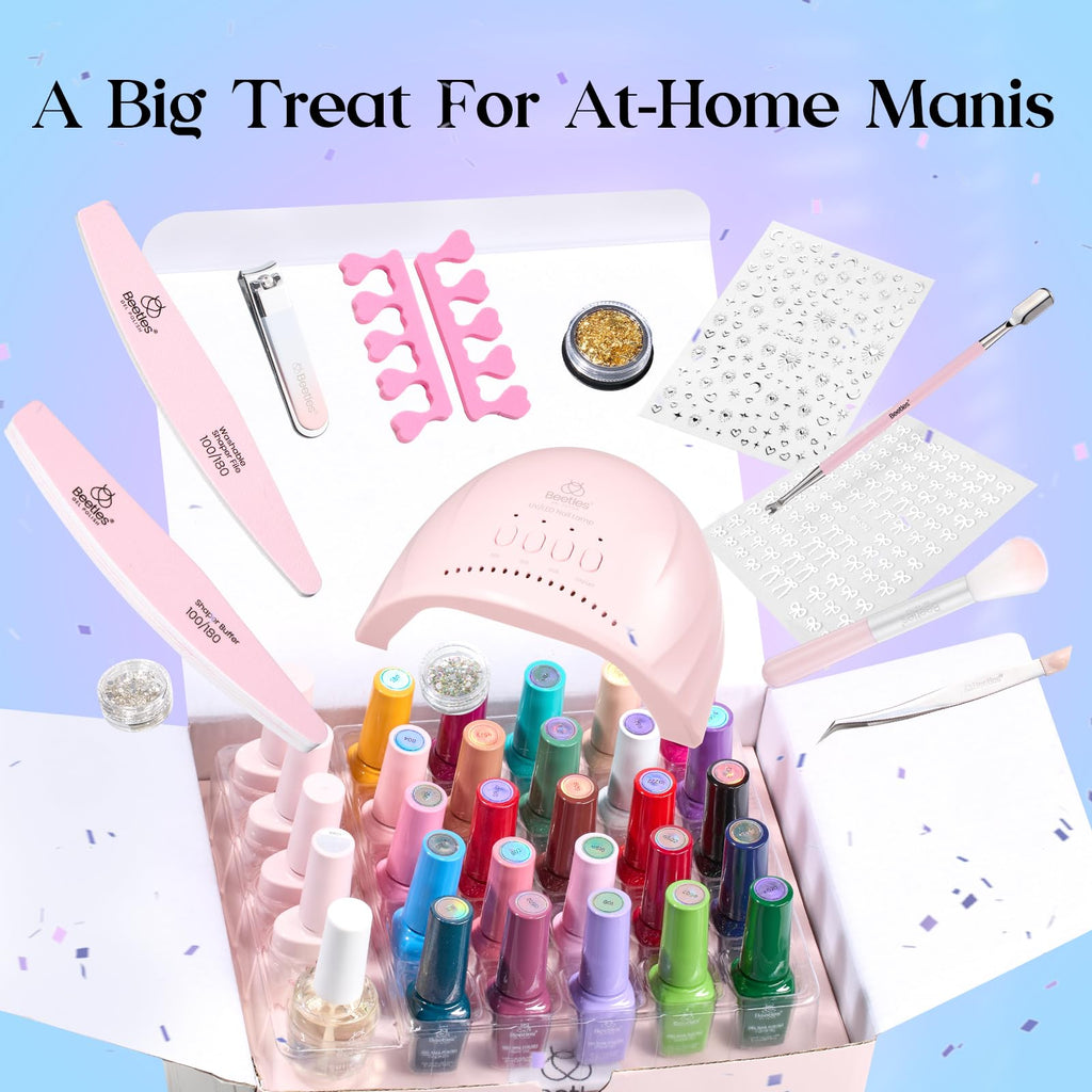 Beetles Gel Nail Polish Kit with UV Light — 25 Colors, 28 Tools, Base & Top Coats