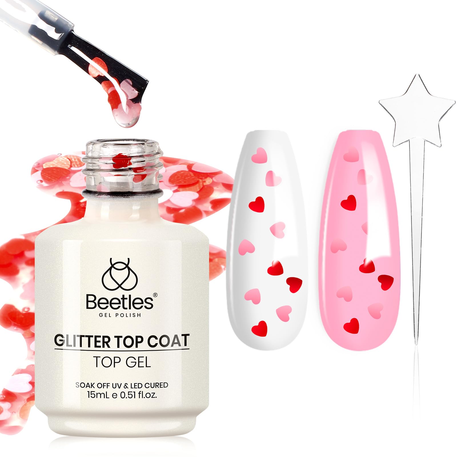 Beetles Gel Polish 15ml Clear Pink Top Coat with Pink & Red Heart Glitter – Romantic Nail Shine