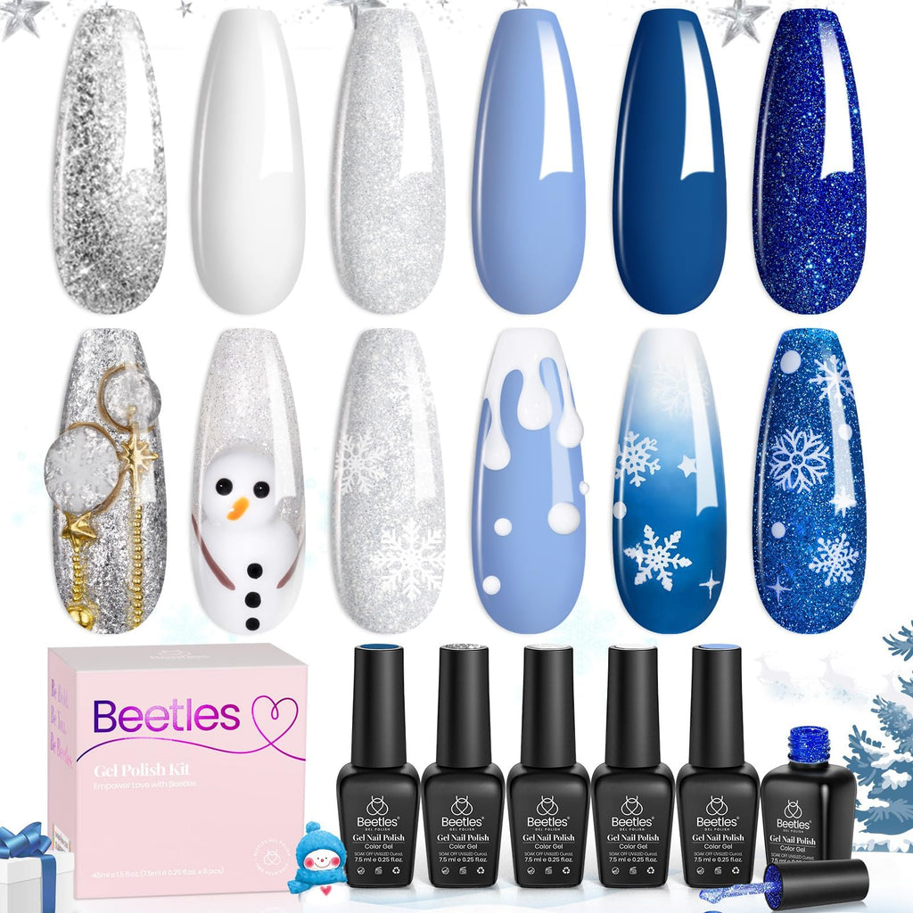 Beetles Gel Polish Set – Glitter Snowflakes Collection: White, Silver & Navy Blue