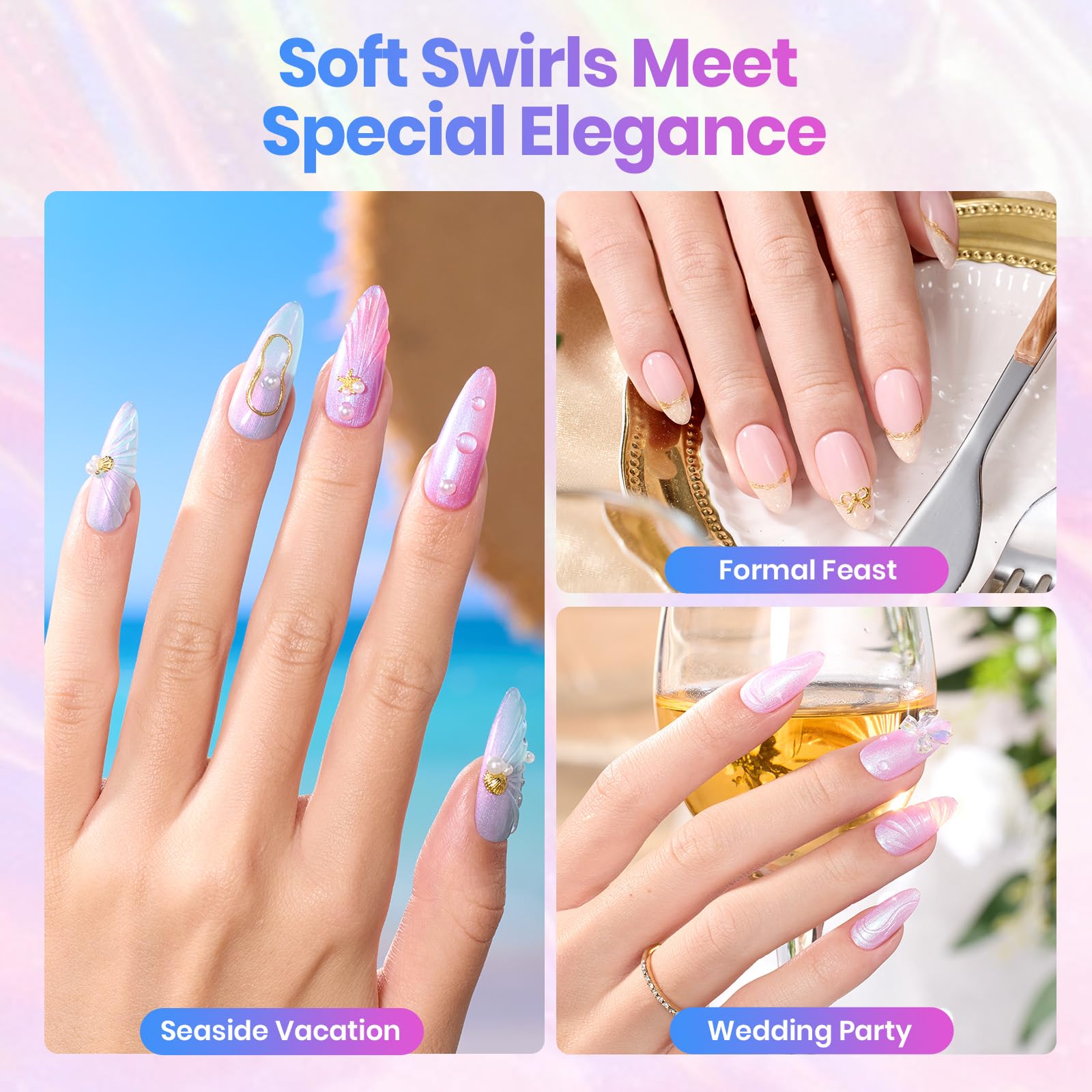 Beetles Gel Polish Stay Shining Pearly Swirl Set — 6 Mermaid Colors & Shell Thread Design