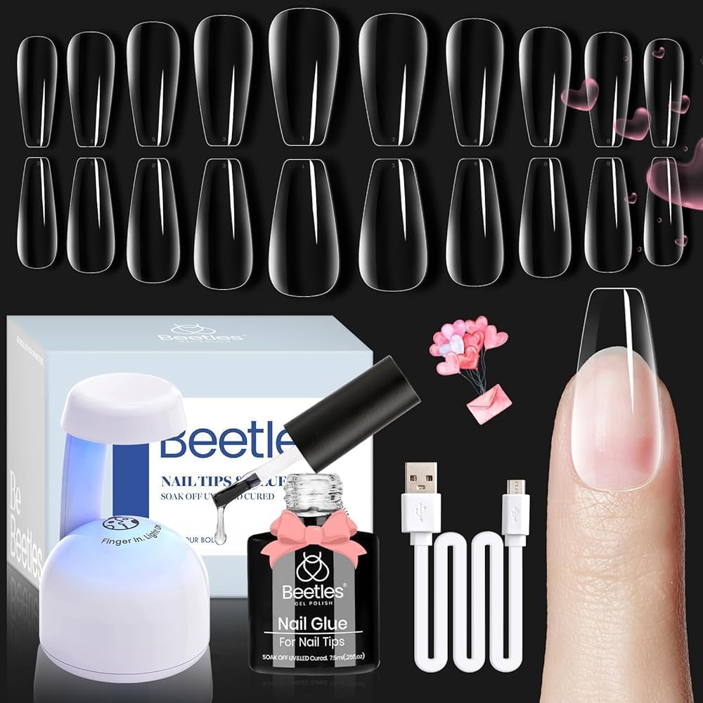 Beetles Gel Nail Kit Easy Extension Set – 500 Tips, 5-in-1 Glue Base Gel, Mini UV Lamp