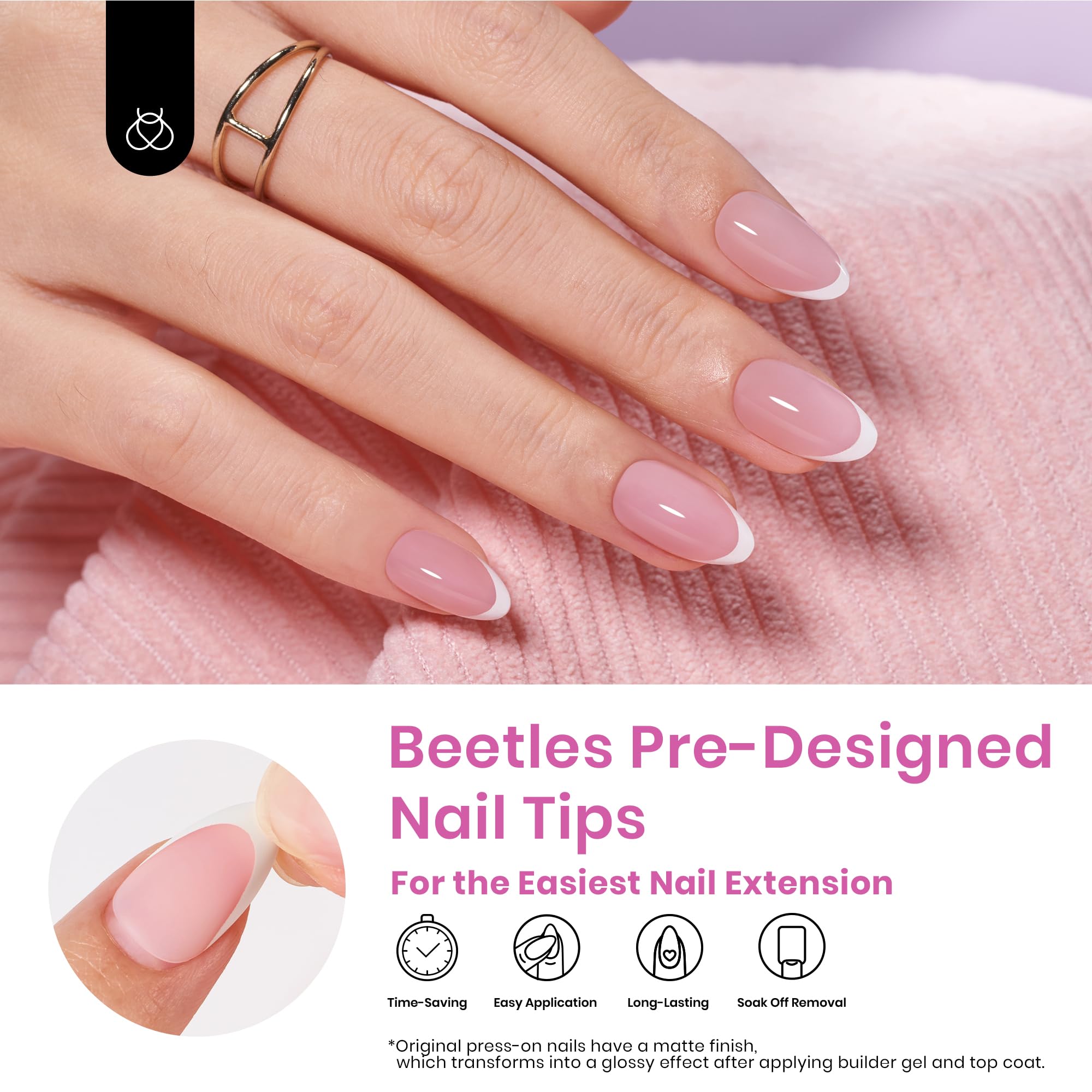 Beetles French Tips Press On Nails – 224 Pcs Pink Short Almond Gel Nail Tips