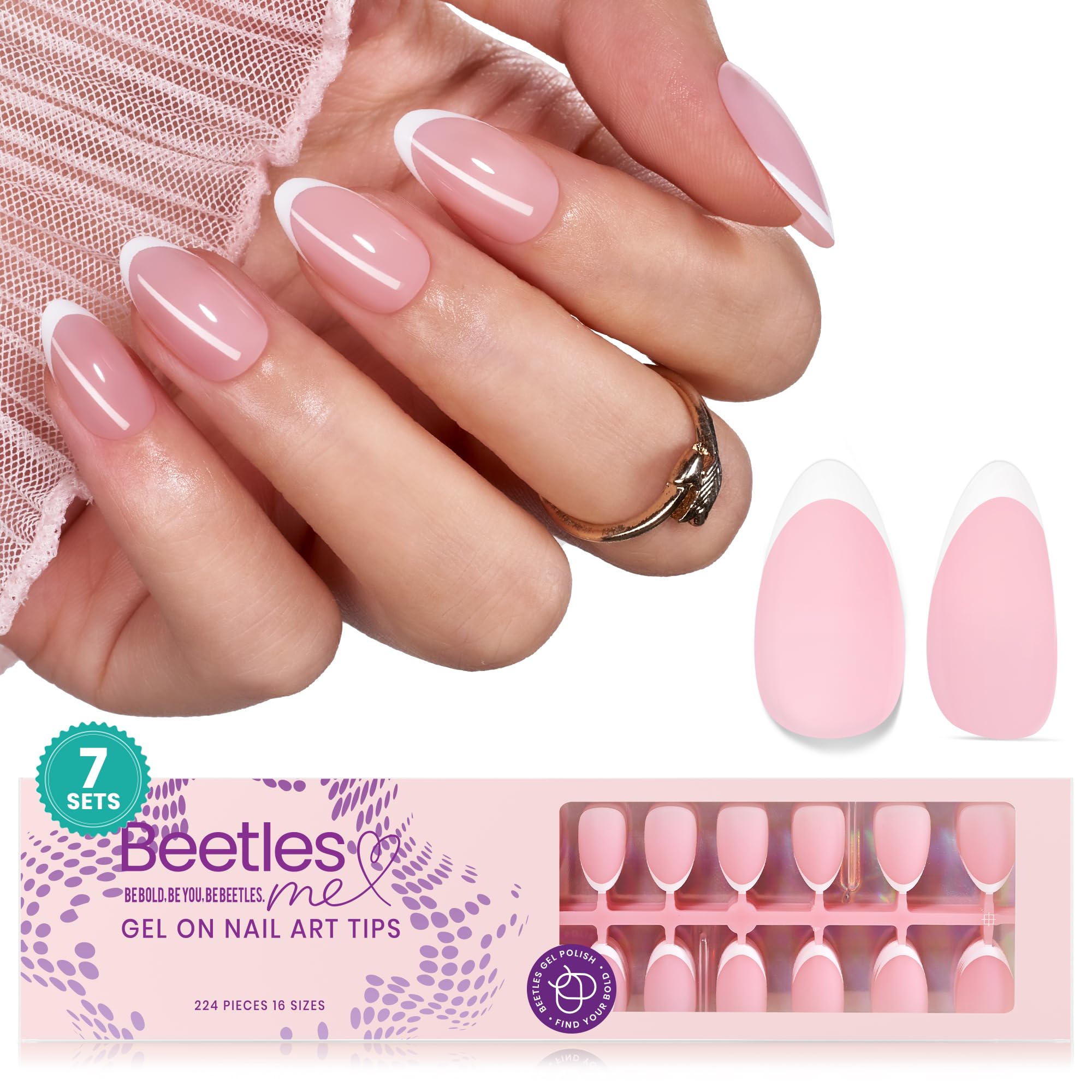 Beetles French Tips Press On Nails – 224 Pcs Pink Short Almond Gel Nail Tips