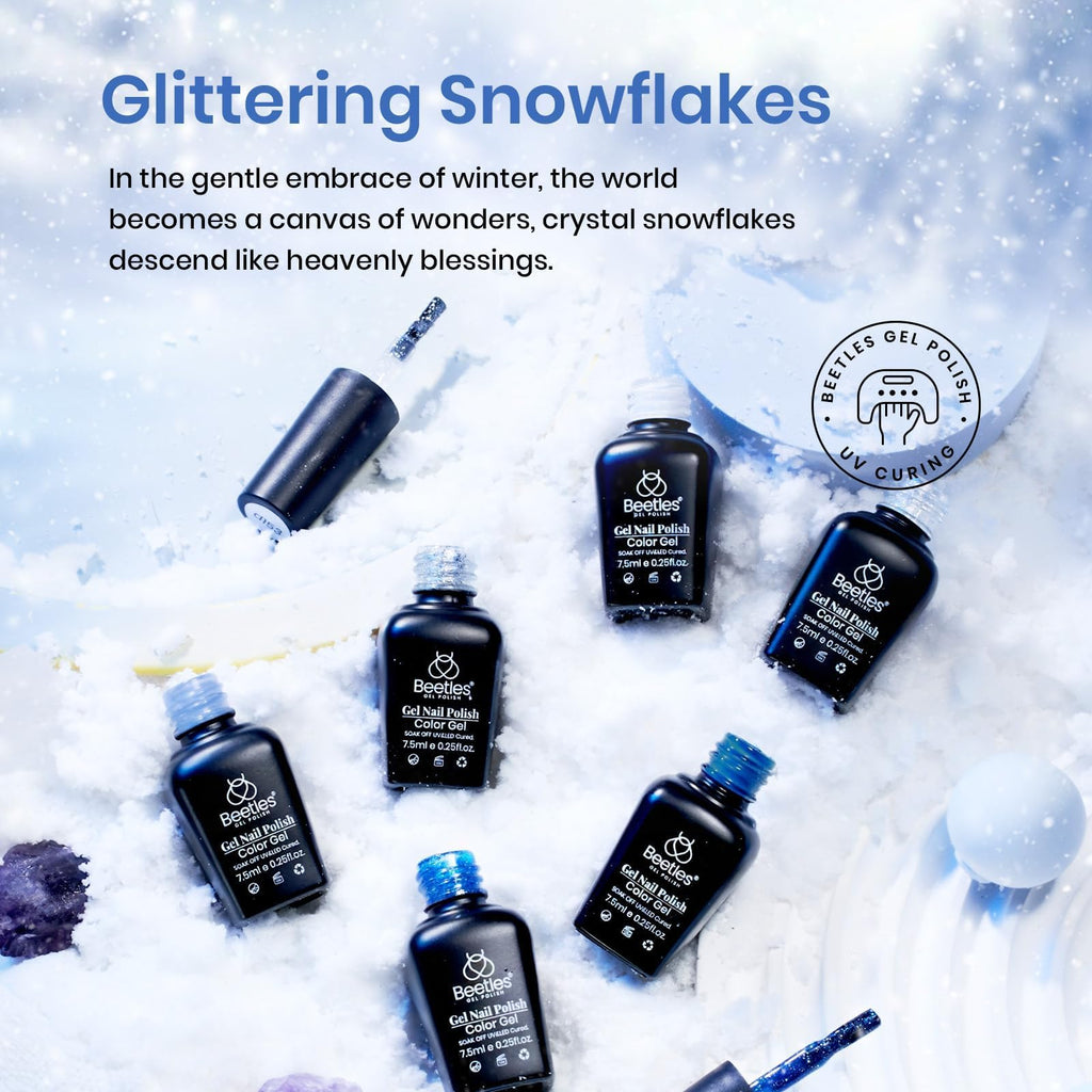 Beetles Gel Polish Set – Glitter Snowflakes Collection: White, Silver & Navy Blue