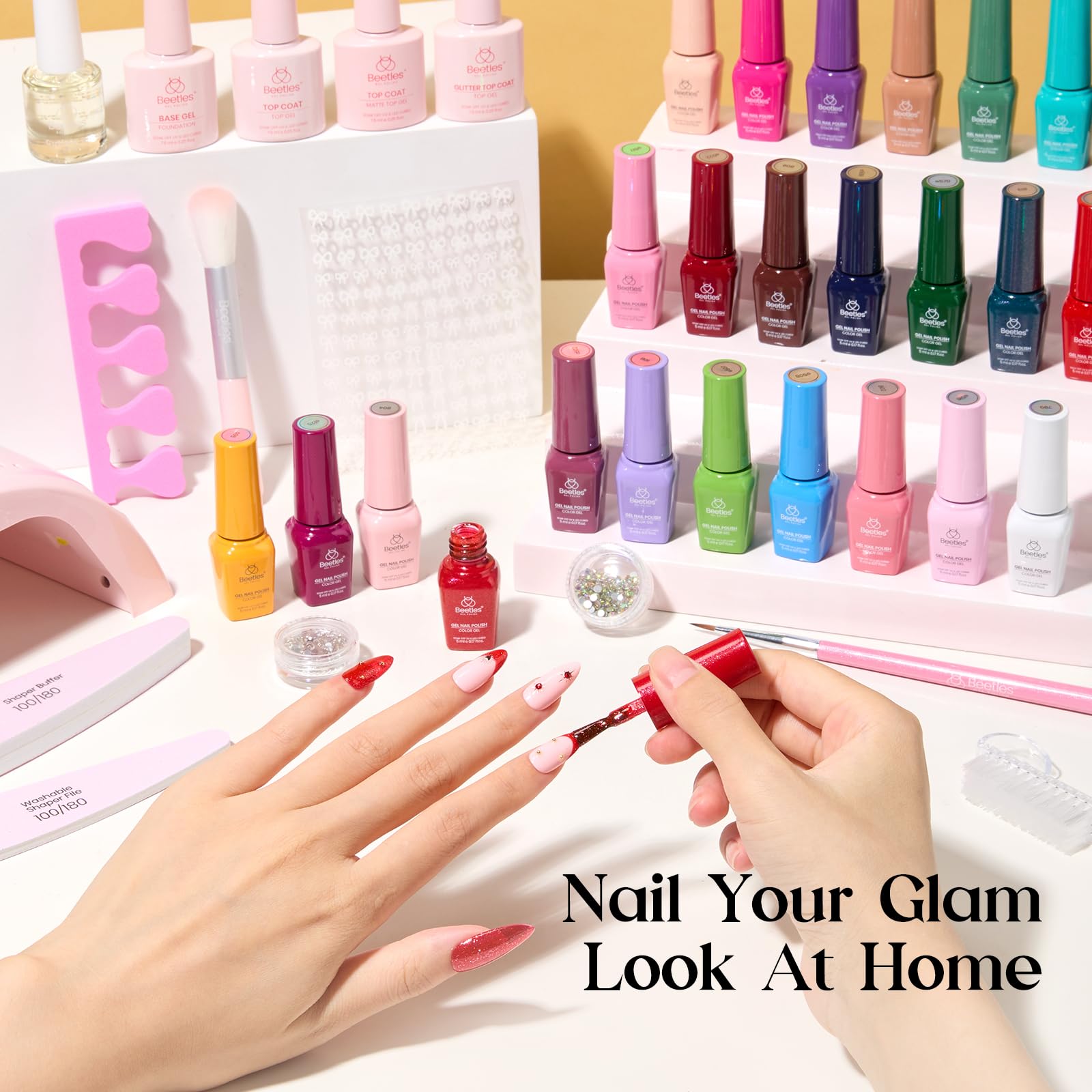 Beetles Gel Nail Polish Kit with UV Light — 25 Colors, 28 Tools, Base & Top Coats