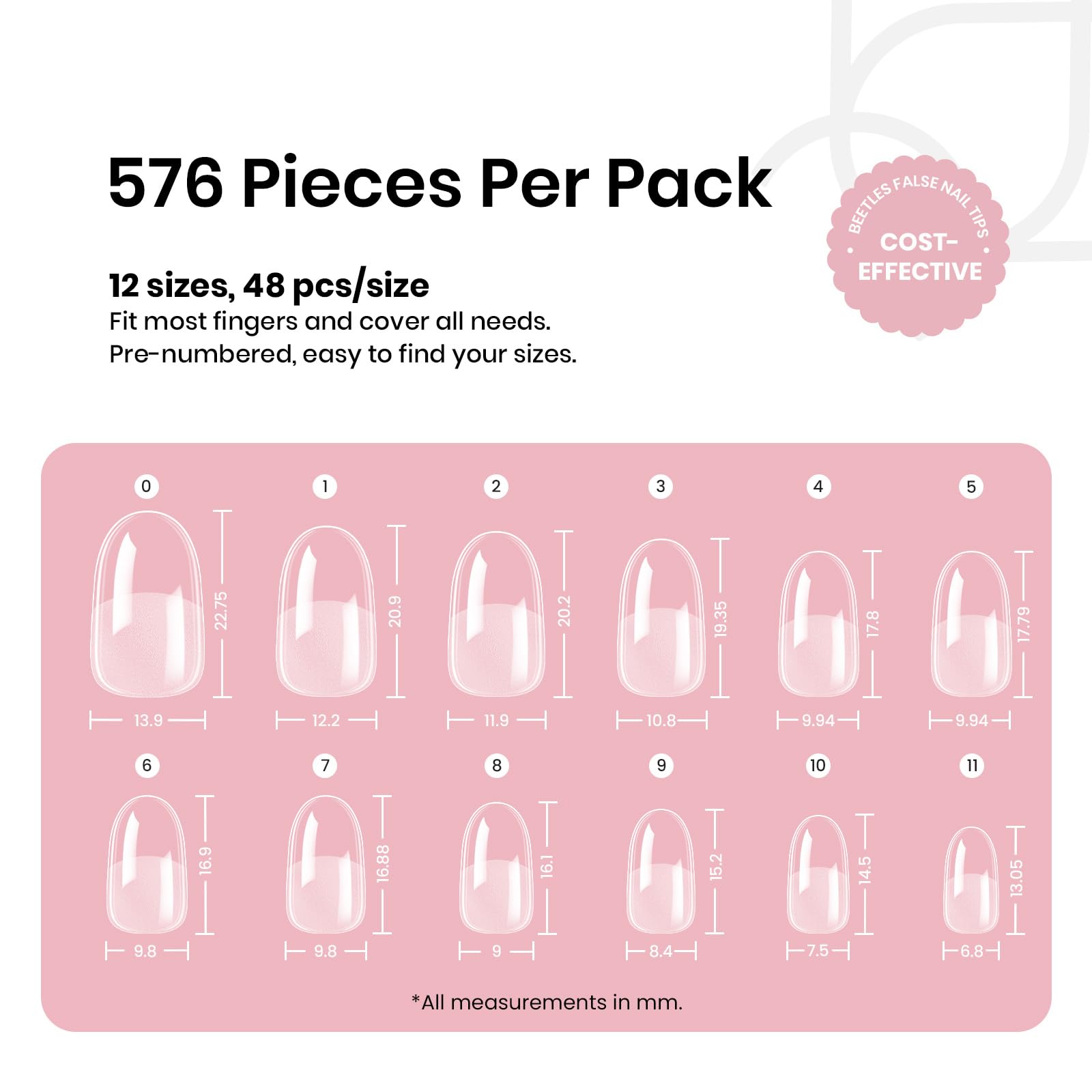 Beetles Gel Polish Short Oval Nail Tips – 576Pcs, 12 Sizes, Pre-Shaped Half-Matte Gelly Tips for DIY Gel Nails